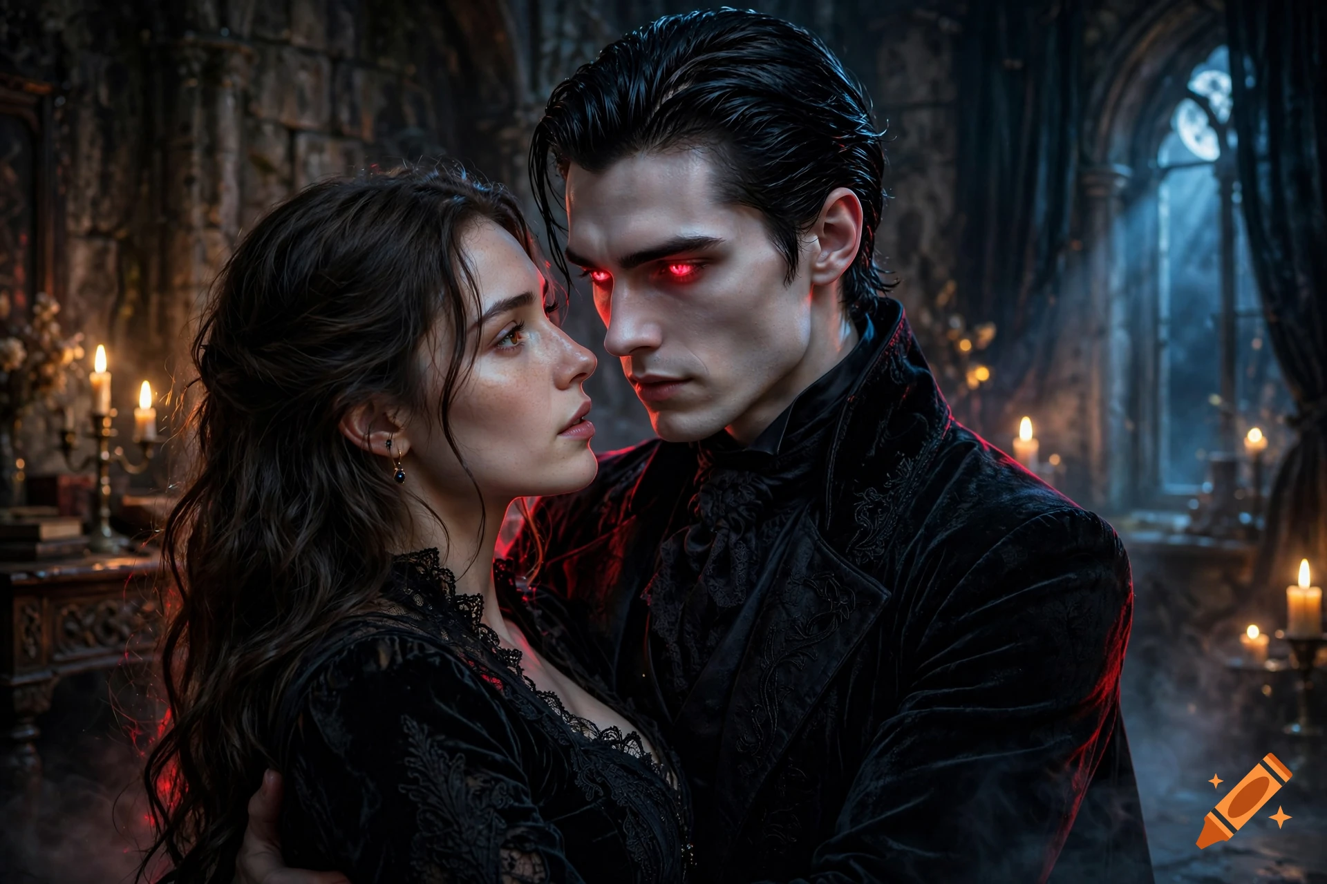 Close-up photorealistic shot of a mortal woman in a lace dress and a male vampire with glowing red eyes in a dark gothic castle.