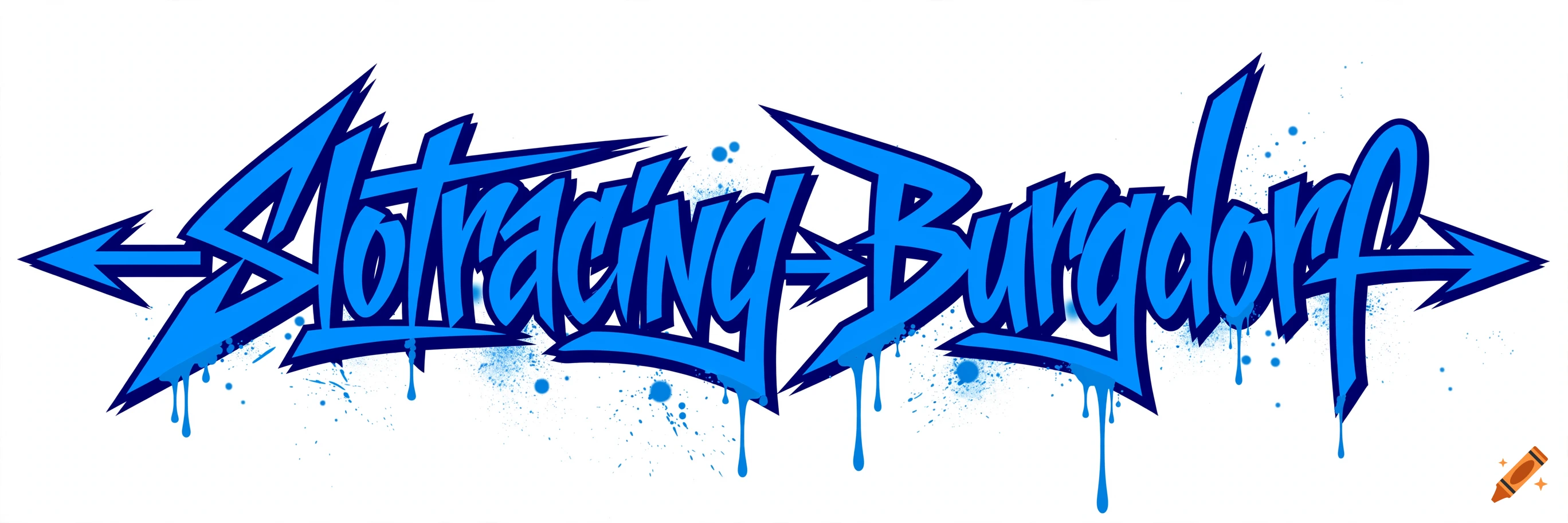 Blue graffiti style lettering spelling out Slotracing Burgdorf with arrows on a white background.