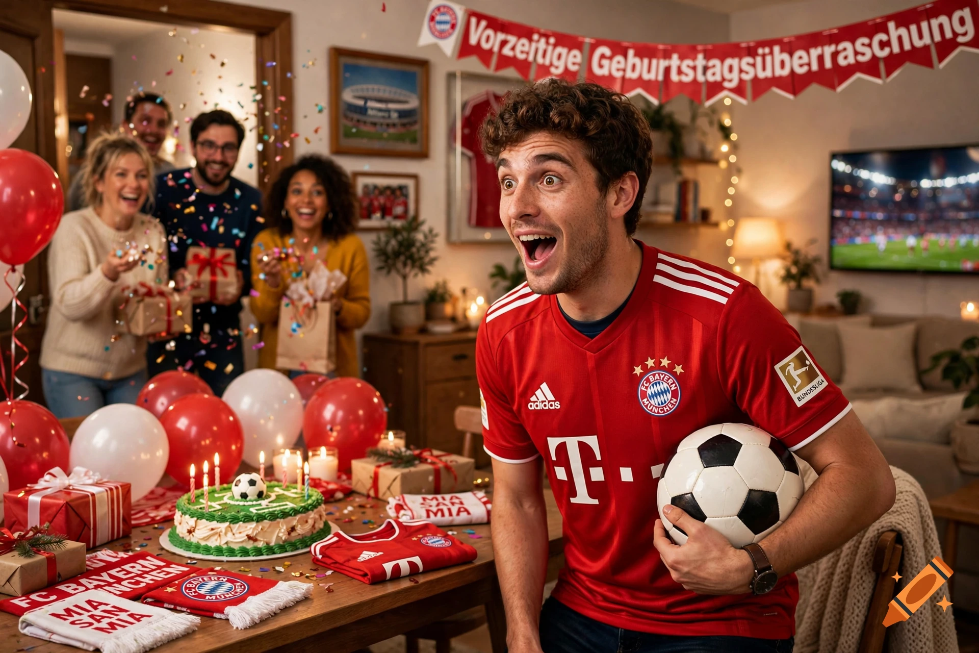 Photorealistic scene of a man holding a football and celebrating a birthday in a decorated living room with friends.