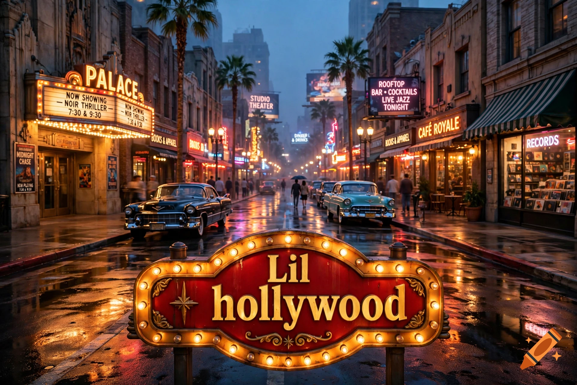 Cinematic nighttime street view of a retro Hollywood avenue with glowing neon signs, classic cars, and wet pavement.