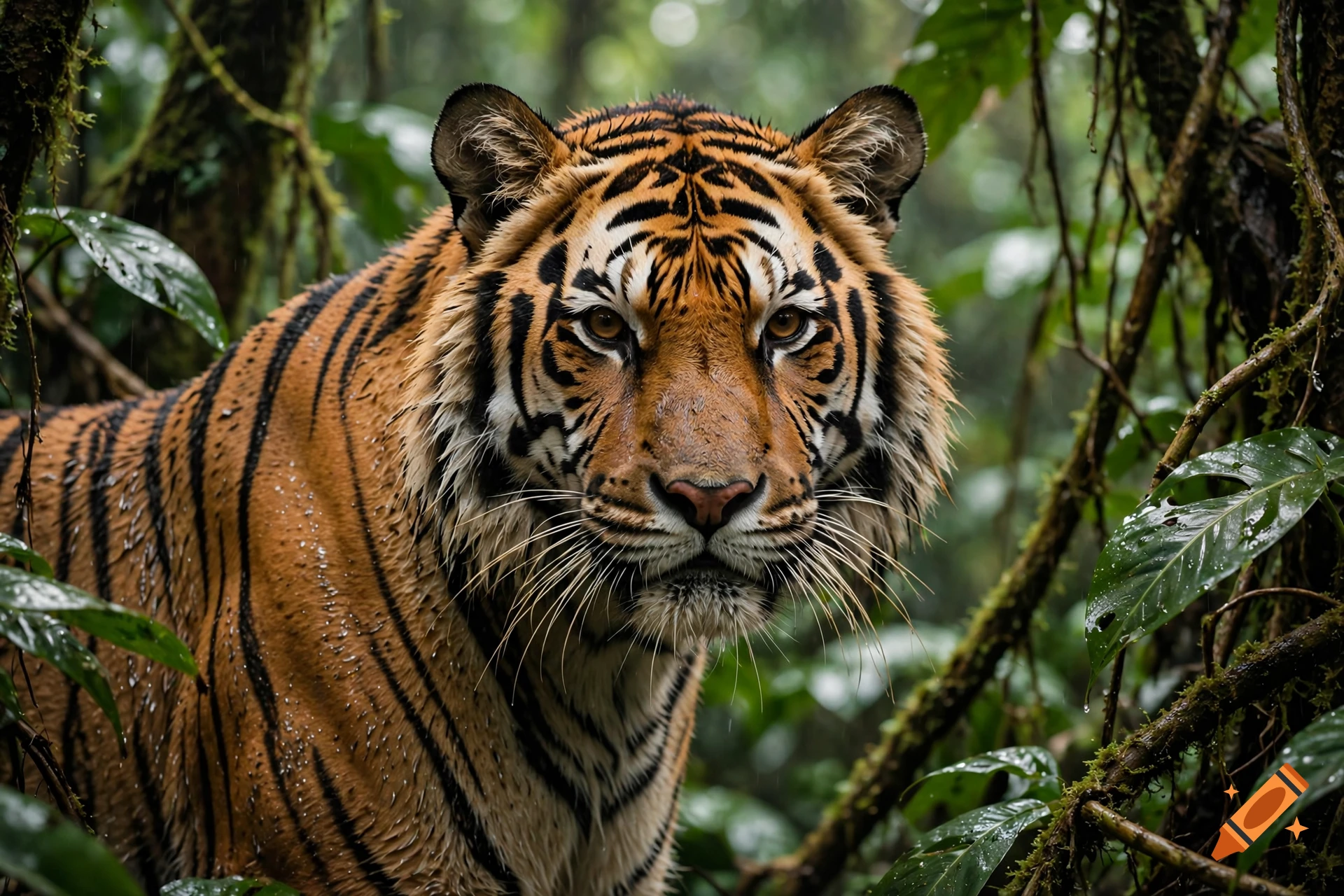 Close-up of a wet tiger in a lush tropical rainforest.