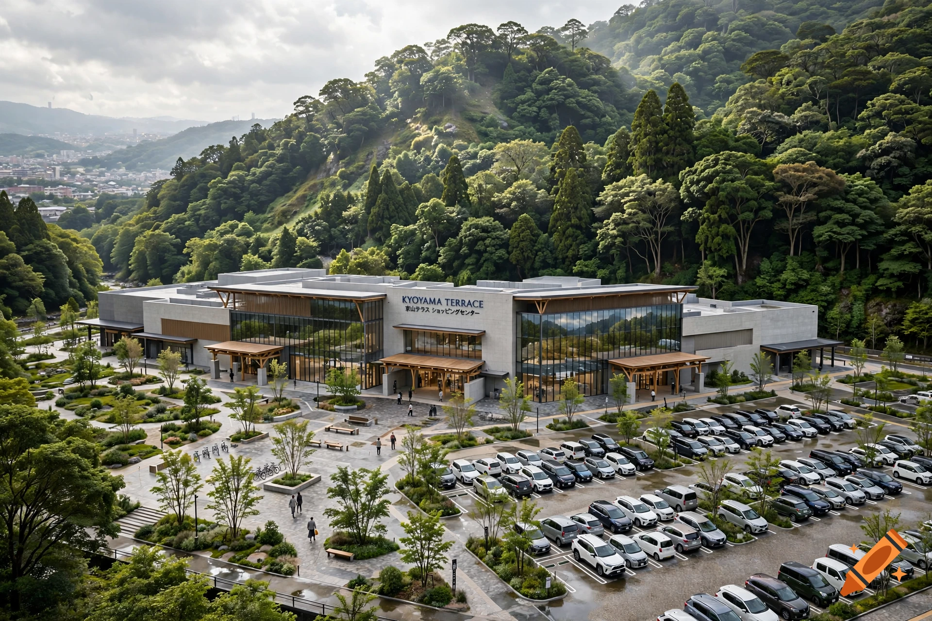 Aerial view of a modern shopping center named 'Kyoyama Terrace' nestled near a lush forested mountain with a parking lot full of cars.