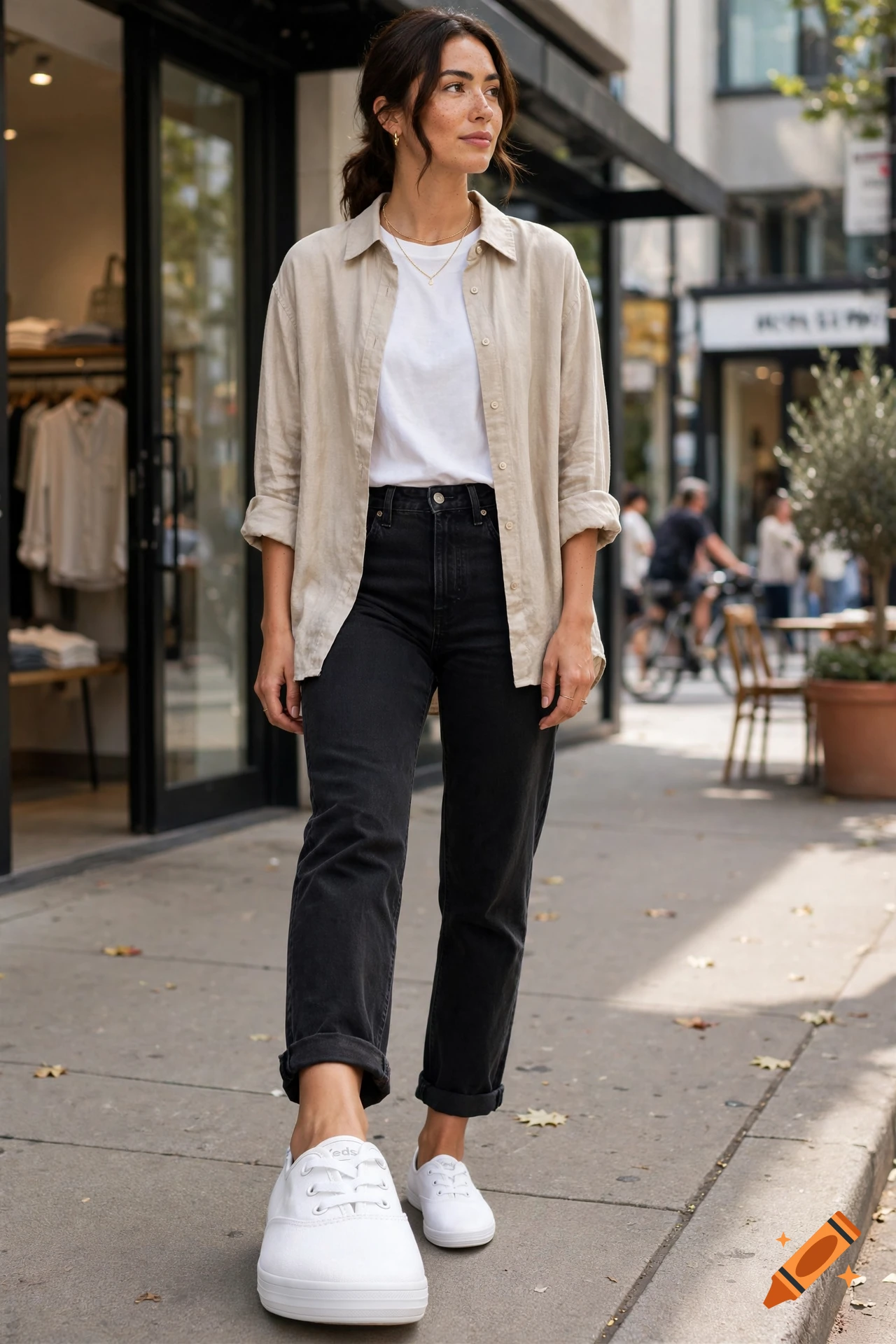 Photorealistic image of a woman showing off white Keds sneakers while walking on a city sidewalk.