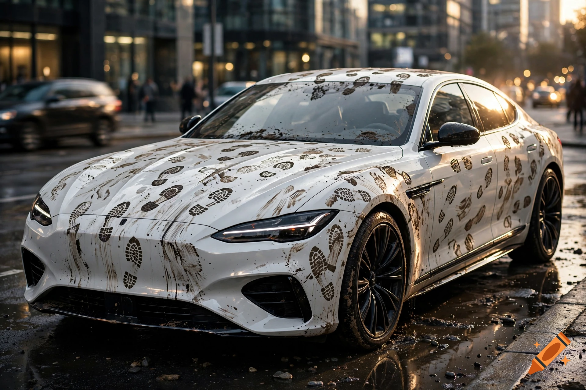 Photorealistic image of a white luxury sedan covered in mud and shoe prints parked on a wet urban street at dusk.