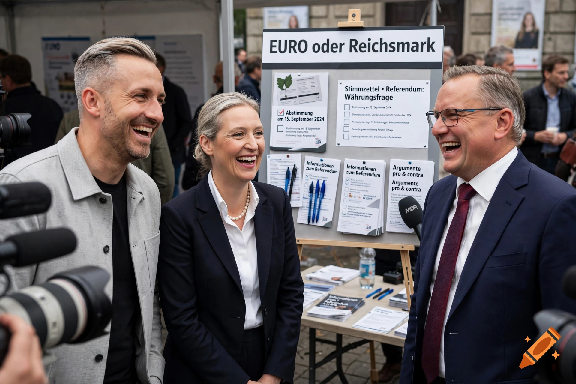 Three people laughing happily in front of an information display board with text in German.
