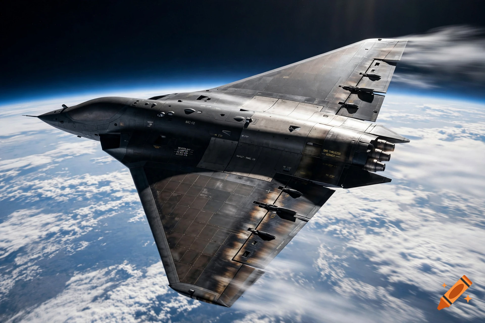 Photorealistic image of a futuristic stealth space fighter jet flying above the clouds and Earth's atmosphere.