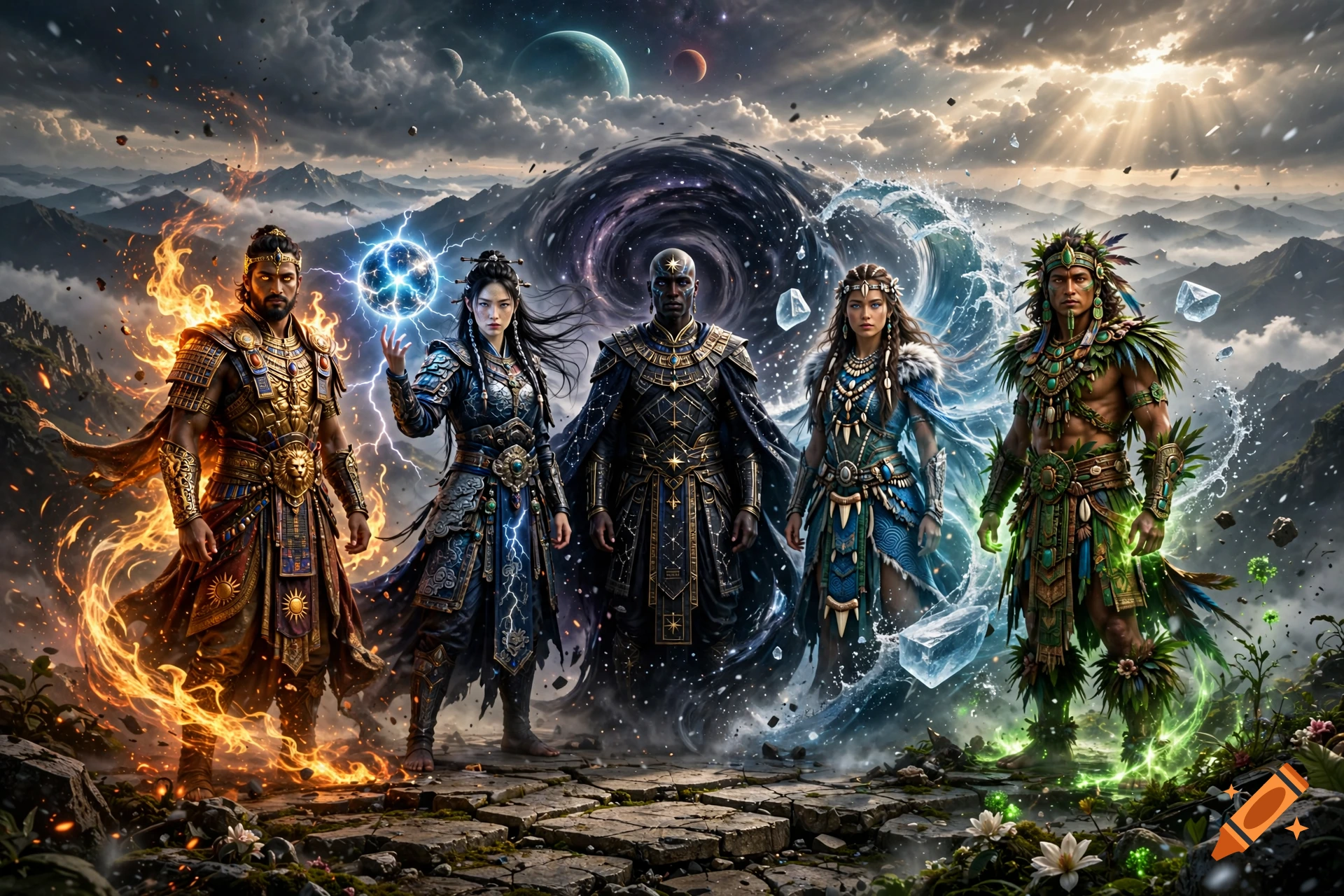 Digital illustration of five fantasy deities representing fire, lightning, cosmic void, water, and earth standing in a rocky landscape.