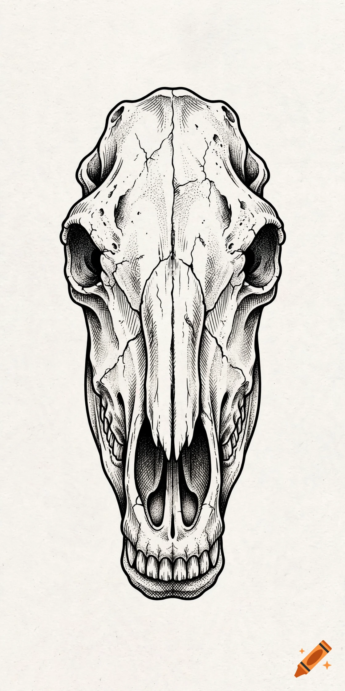 Detailed black and white ink drawing of a horse skull facing forward, featuring pointillism and hatching stipple style on light background.