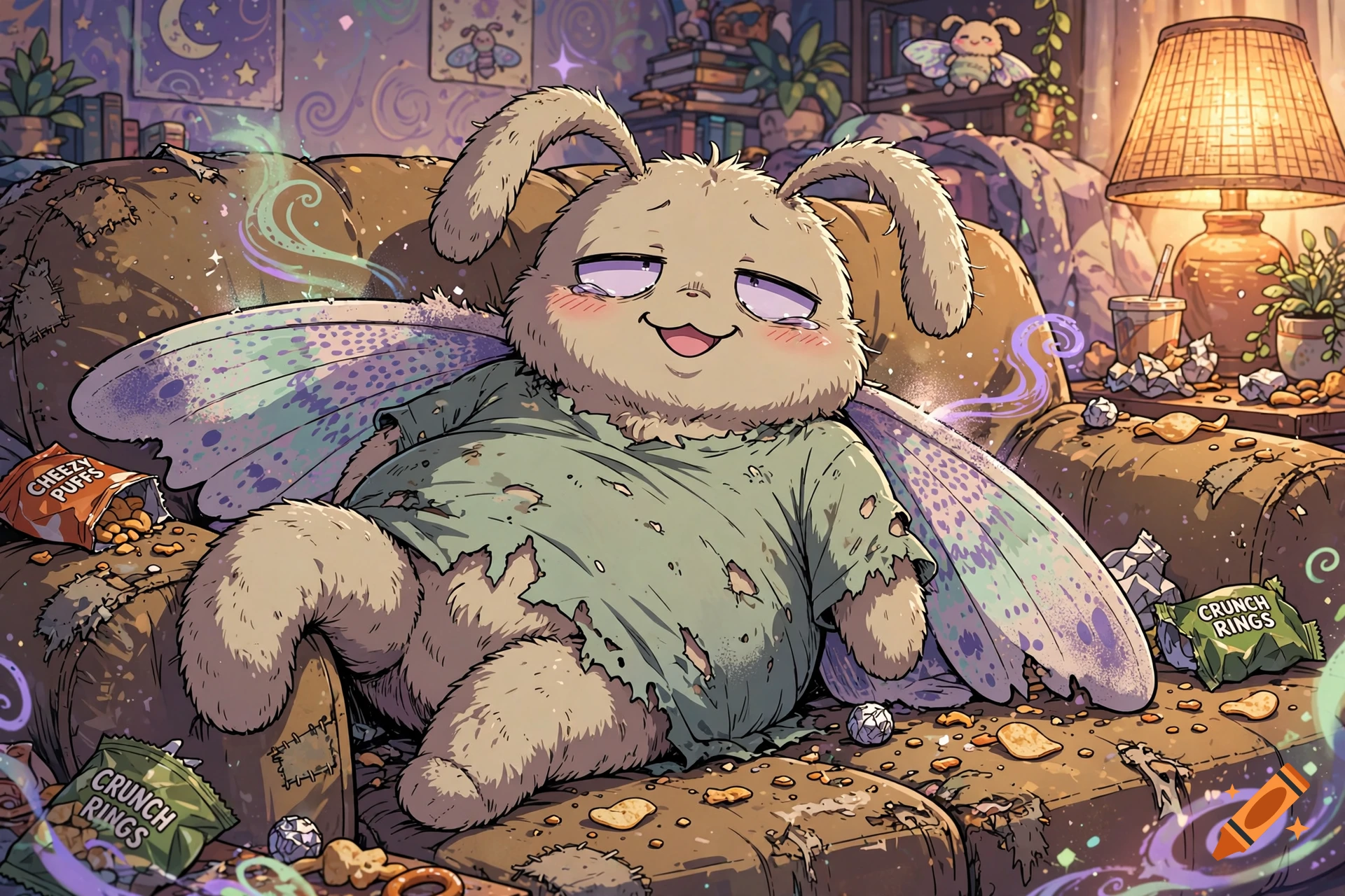 An illustrated, relaxed fuzzy moth with wings sitting on a messy couch surrounded by snack bags, in an anime art style.