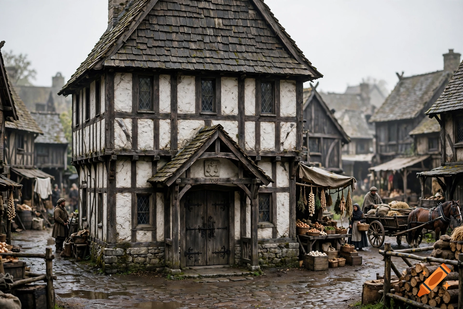 Photorealistic medieval timber-framed building in a cobblestone village square with a small marketplace.