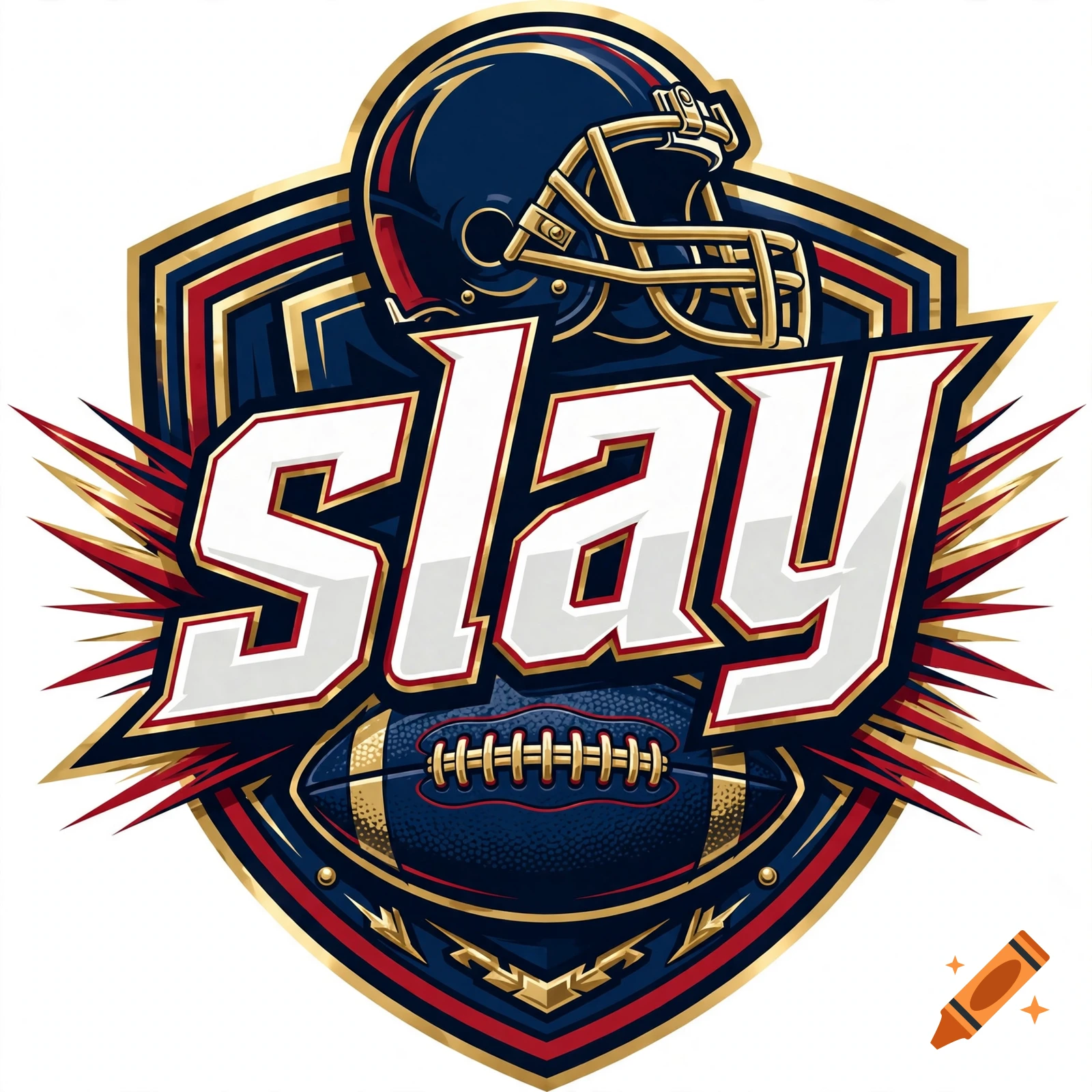 American football style logo featuring a helmet, football, and the word slay in bold white text.