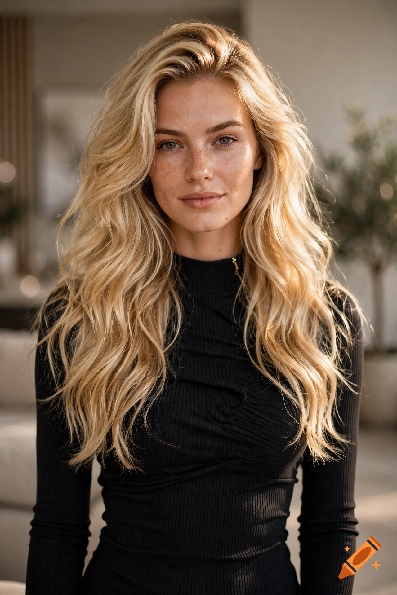 Photorealistic portrait of a young blonde woman with wavy hair and freckles wearing a black turtleneck.