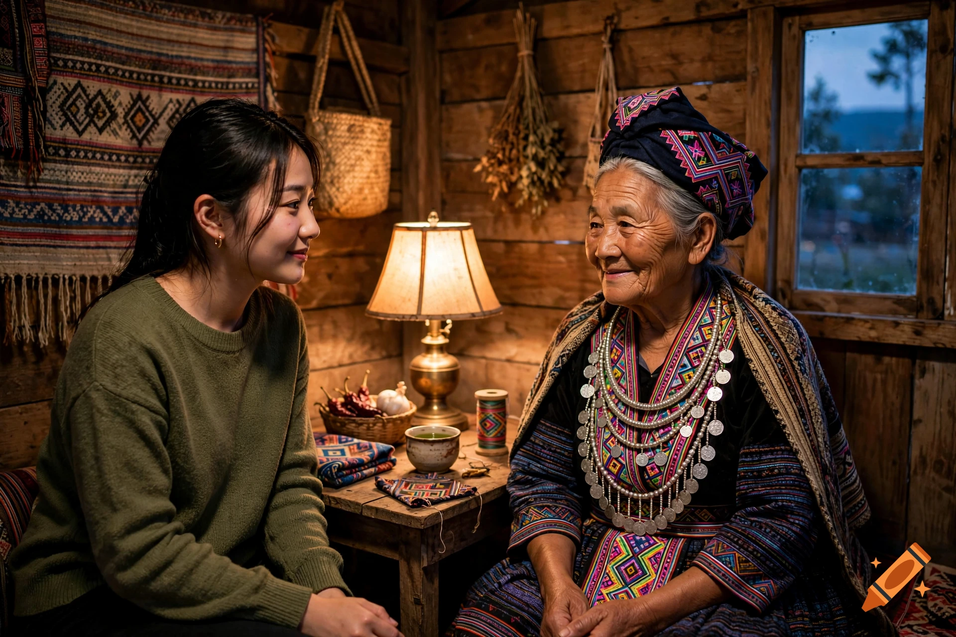 A young woman sitting and talking with her elderly Hmong grandmother in a cozy wooden cabin at dusk, photorealistic.