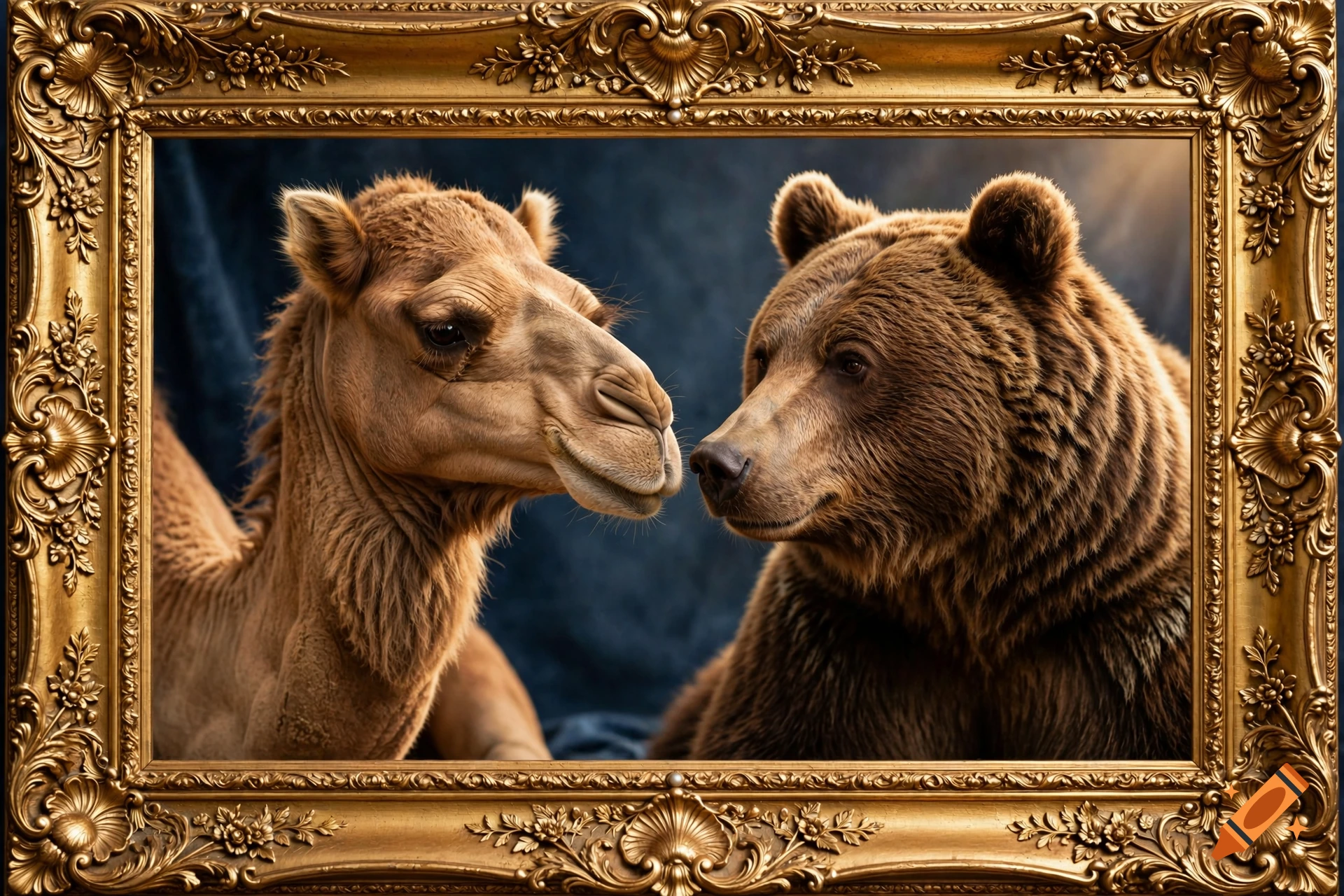 Photorealistic portrait of a camel and a brown bear looking at each other inside an ornate golden frame.