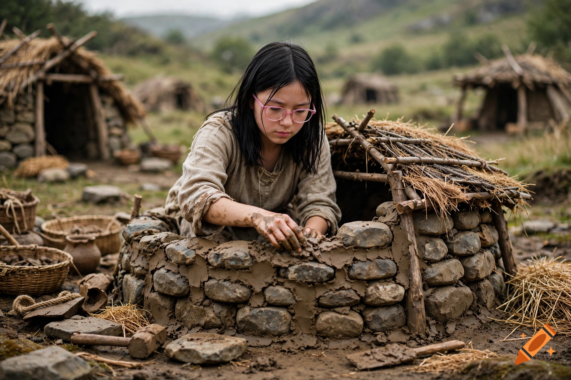 A young person with glasses is building a small stone and mud structure outdoors in a primitive settlement.
