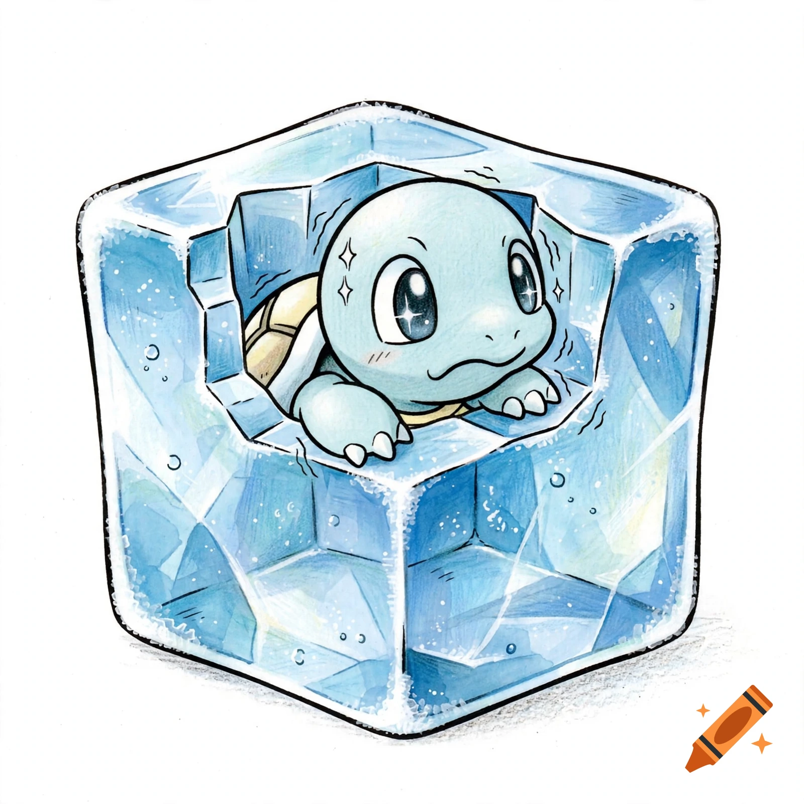 A light blue turtle-like creature trapped inside a large ice cube, looking cold and shivering.
