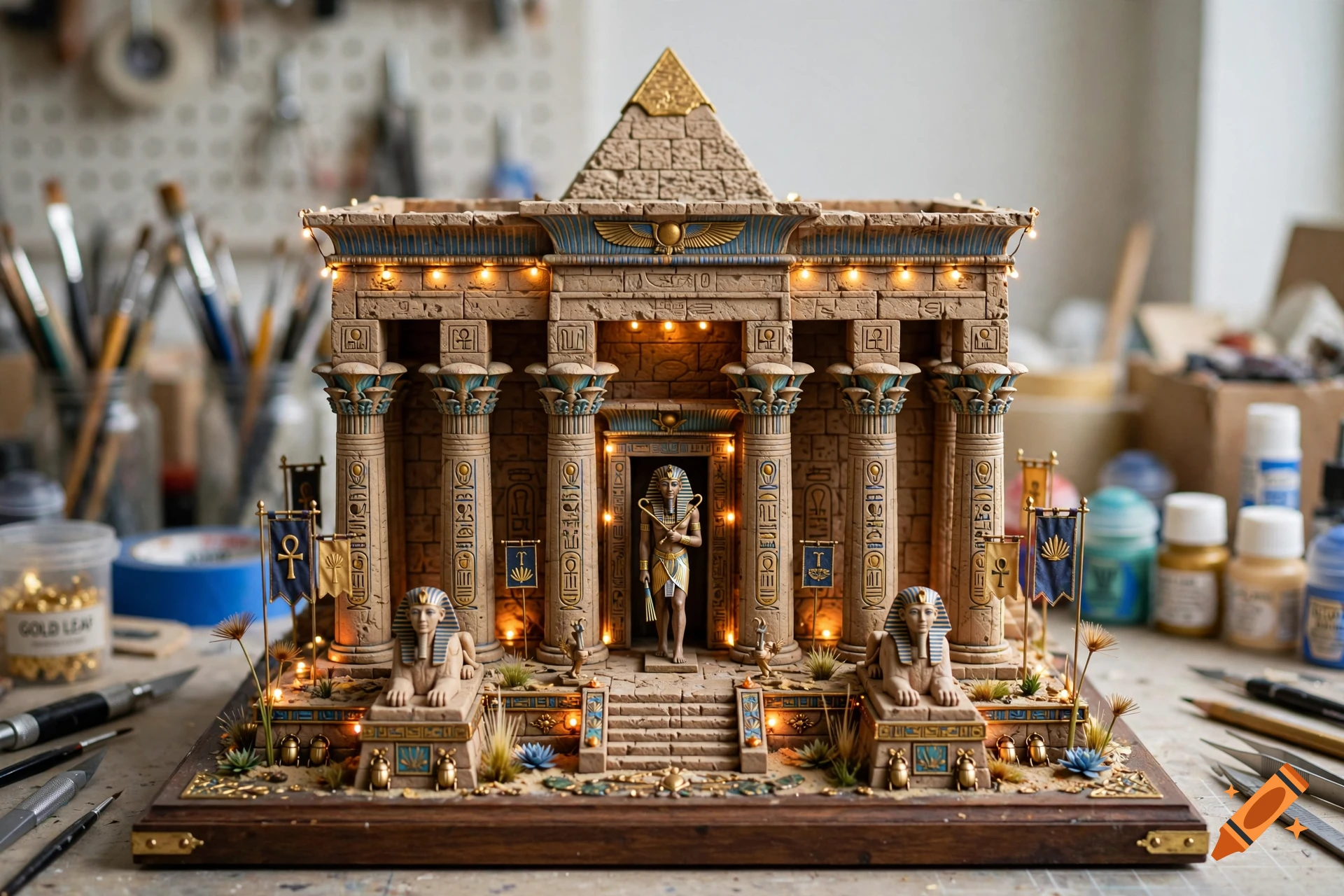 An intricate miniature model of an ancient Egyptian temple complete with columns, hieroglyphs, sphinxes, and miniature string lights.