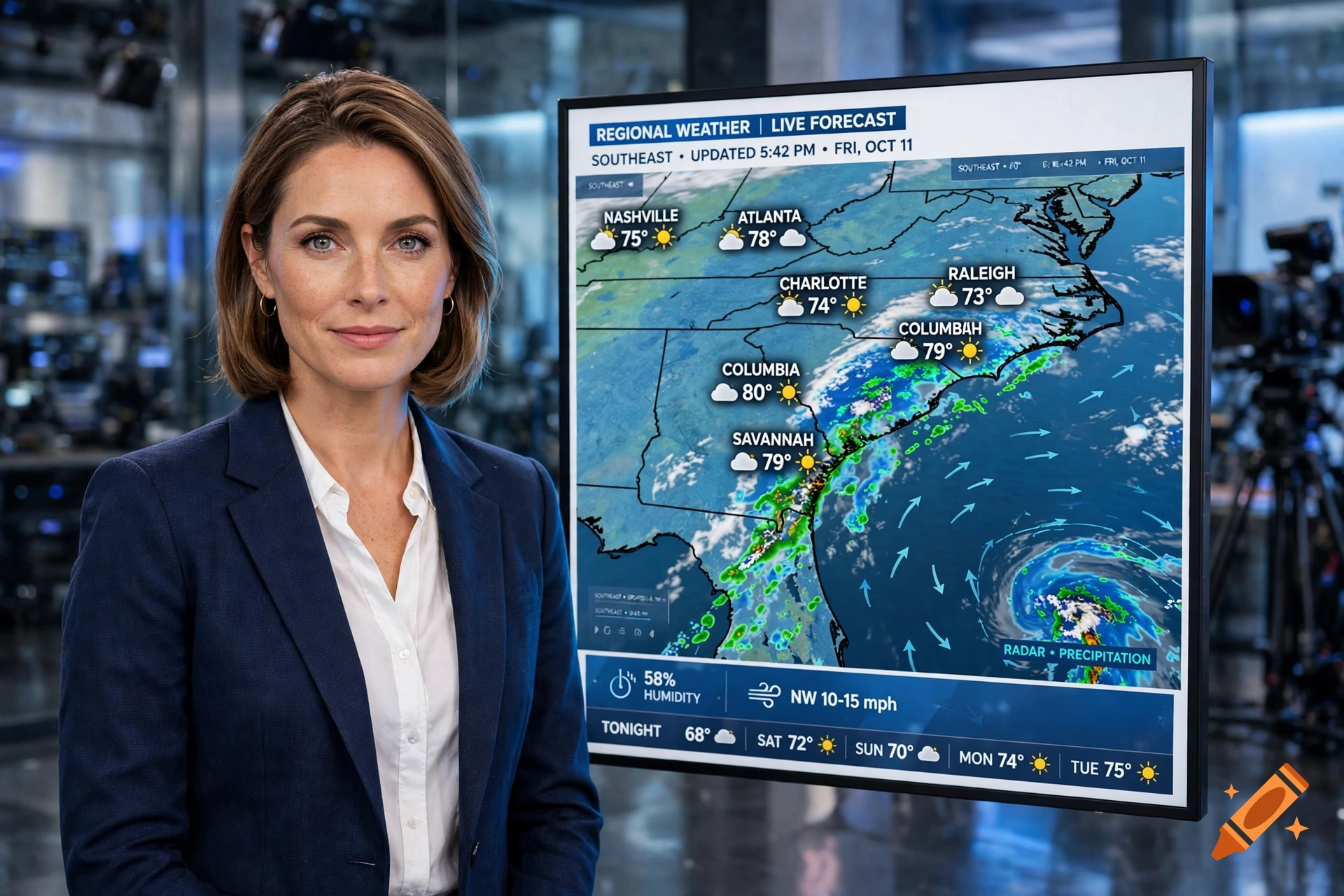 Photorealistic image of a female weather anchor standing in front of a digital screen displaying a regional weather forecast map.