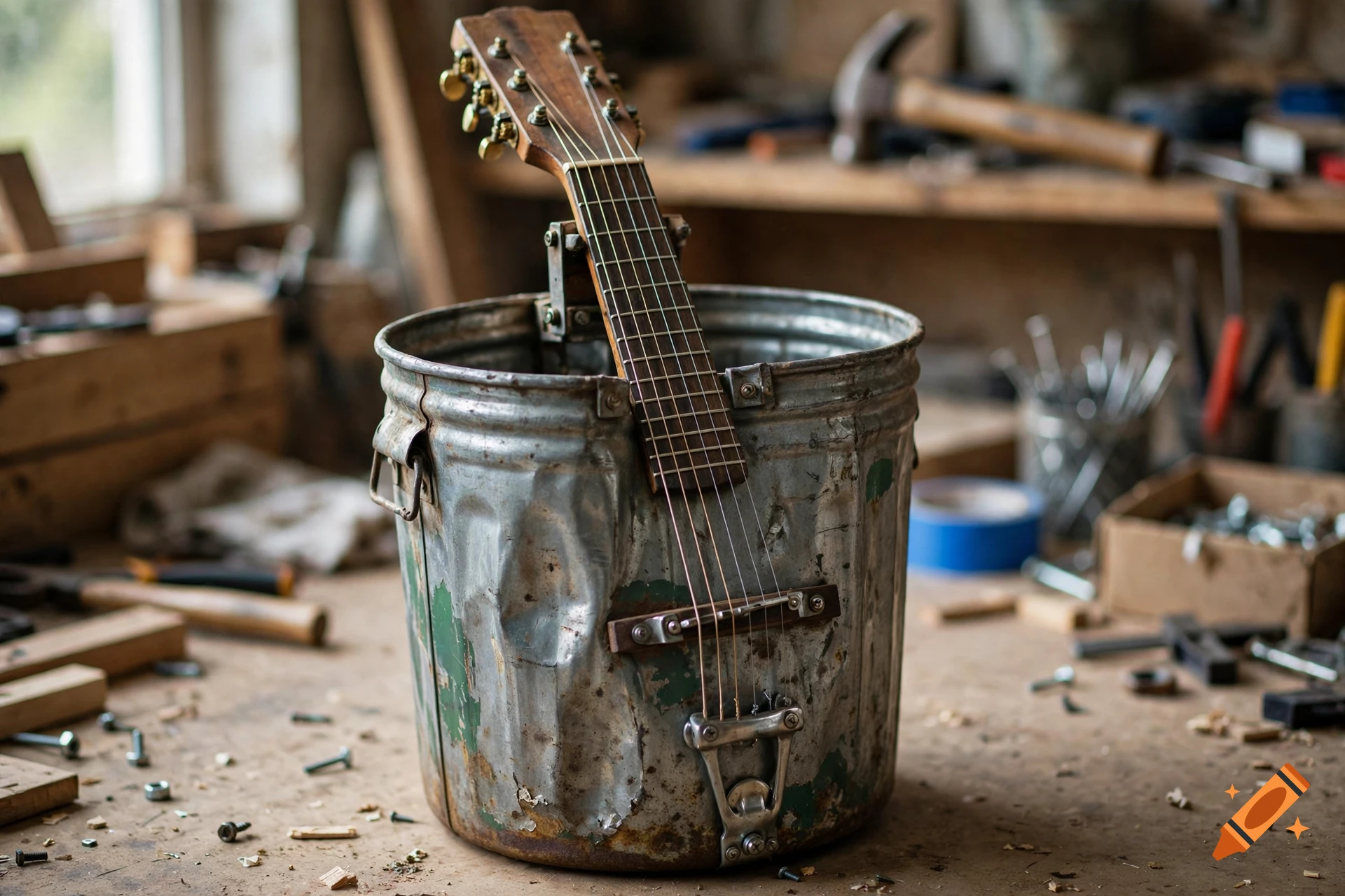 A makeshift guitar constructed using a metal bucket as the body, sitting on a workbench in a cluttered workshop.