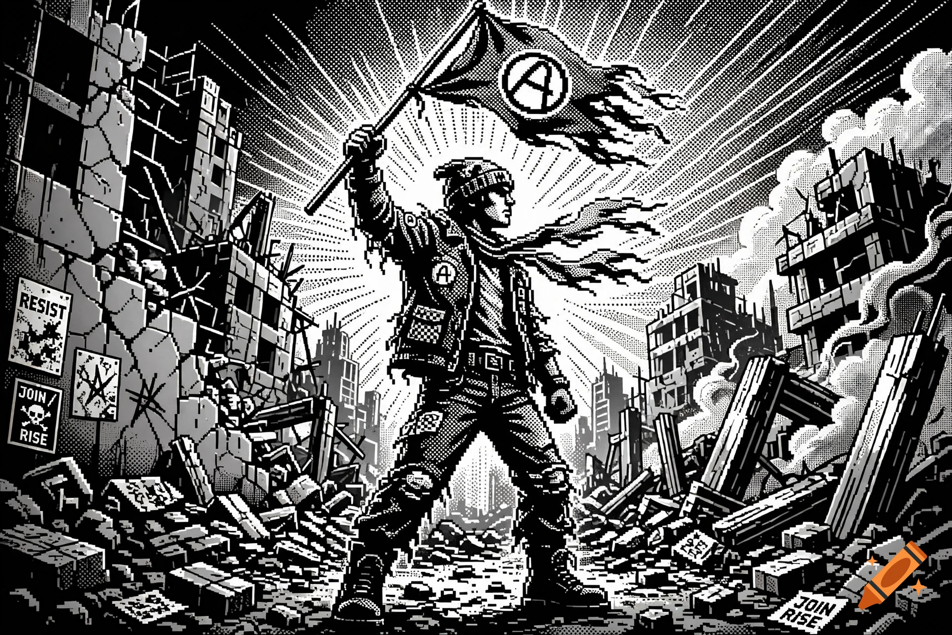 1-bit pixel art style illustration of a rebel holding an anarchist flag amid ruined cityscape debris.
