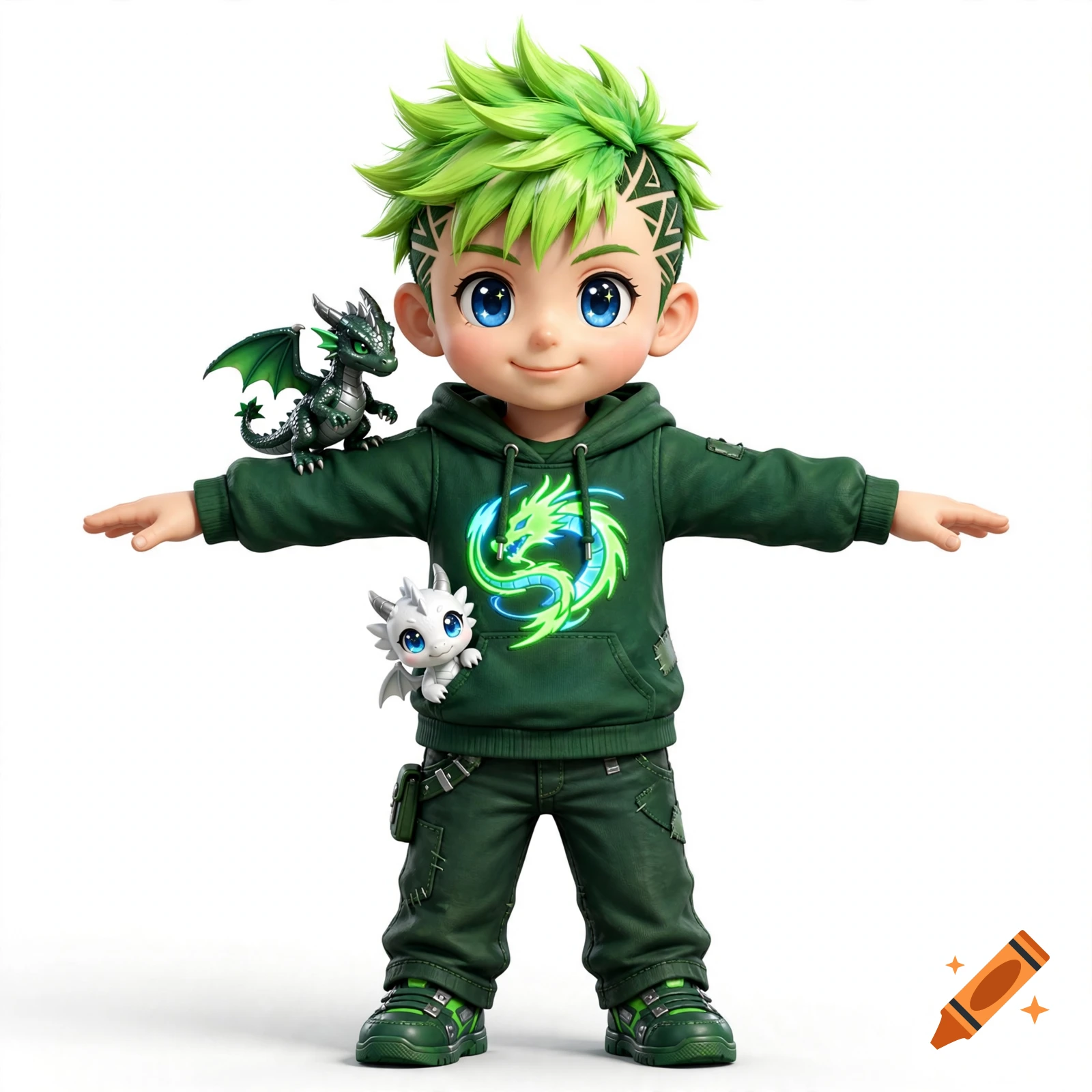 3D character concept art of a cute 6-year-old anime boy with neon green hair in a T-pose, wearing a green hoodie with two tiny dragons.