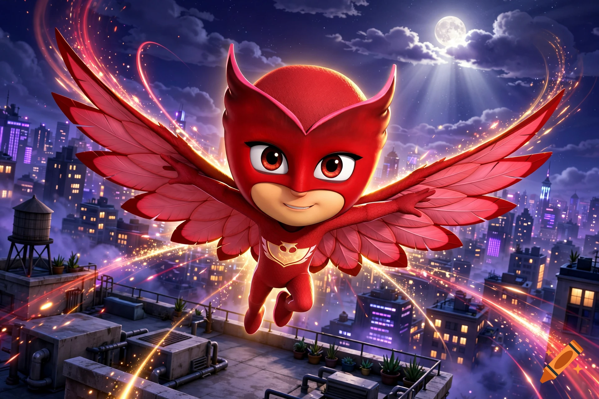 Owlette from PJ Masks flying over a city rooftop at night with glowing red wings and magical energy trails.