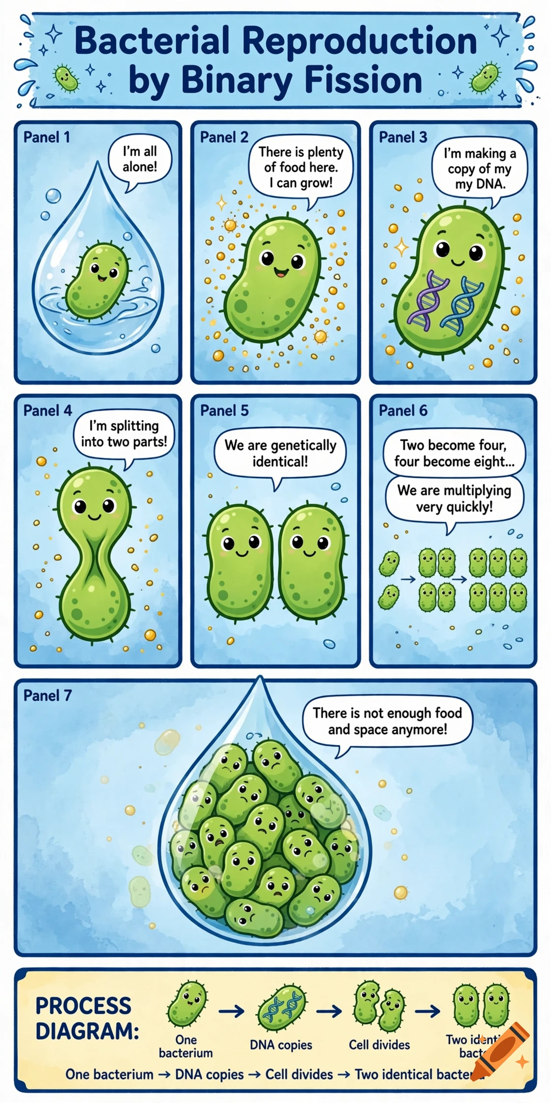 Colorful educational comic detailing bacterial reproduction through binary fission in 7 panels.