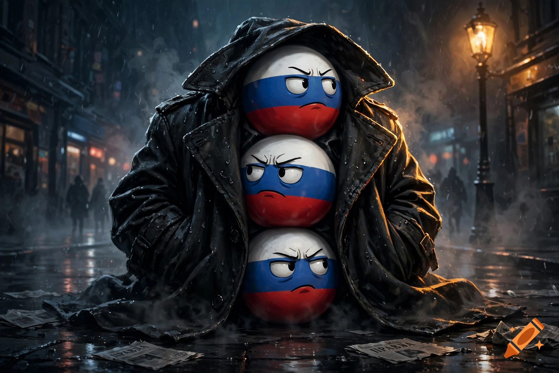 Three spherical characters with the Russian flag painted on them stand stacked inside a large trench coat on a rainy, glowing city street at night.