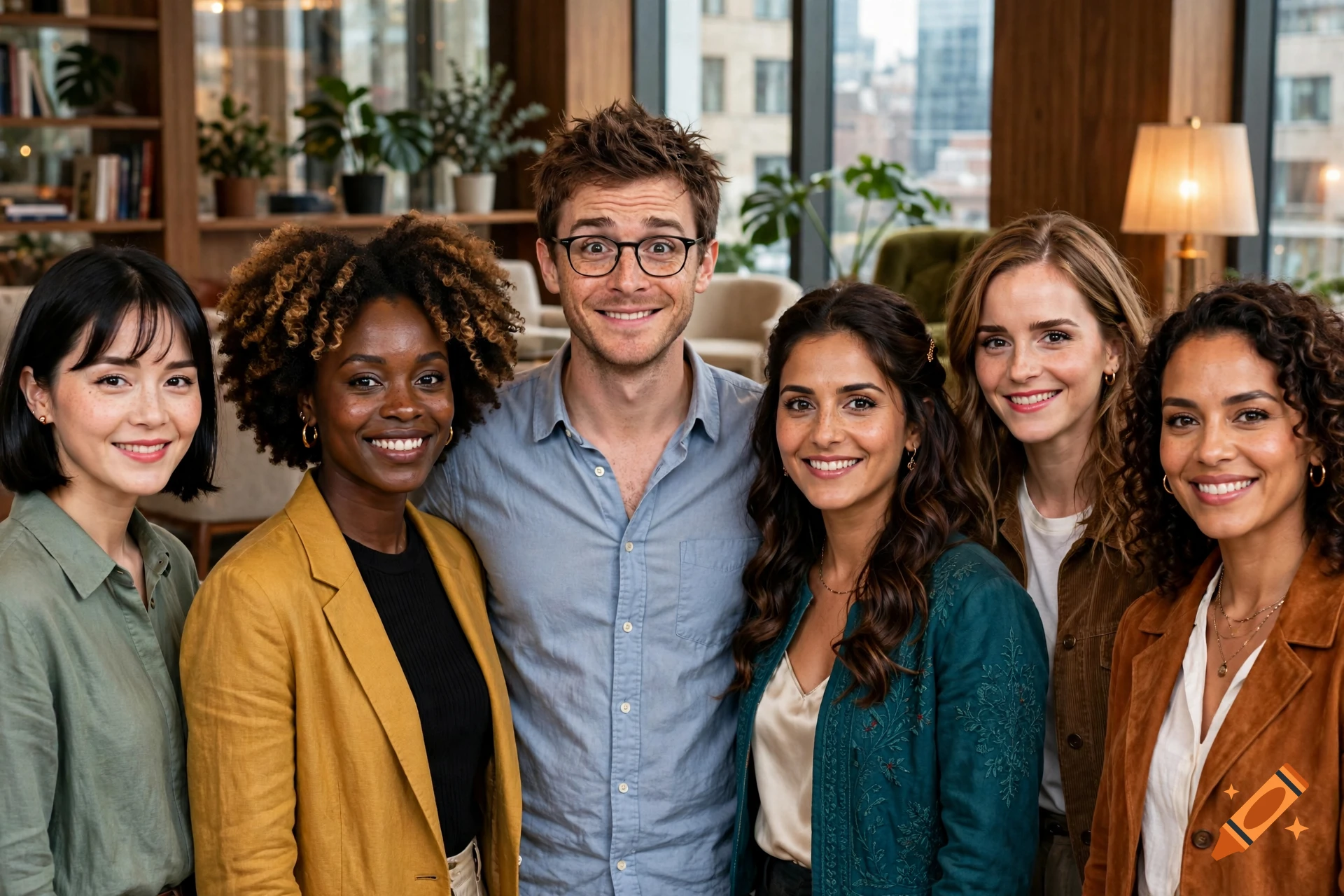 Photorealistic portrait of a man standing in the center, surrounded by five diverse women smiling at the camera indoors.