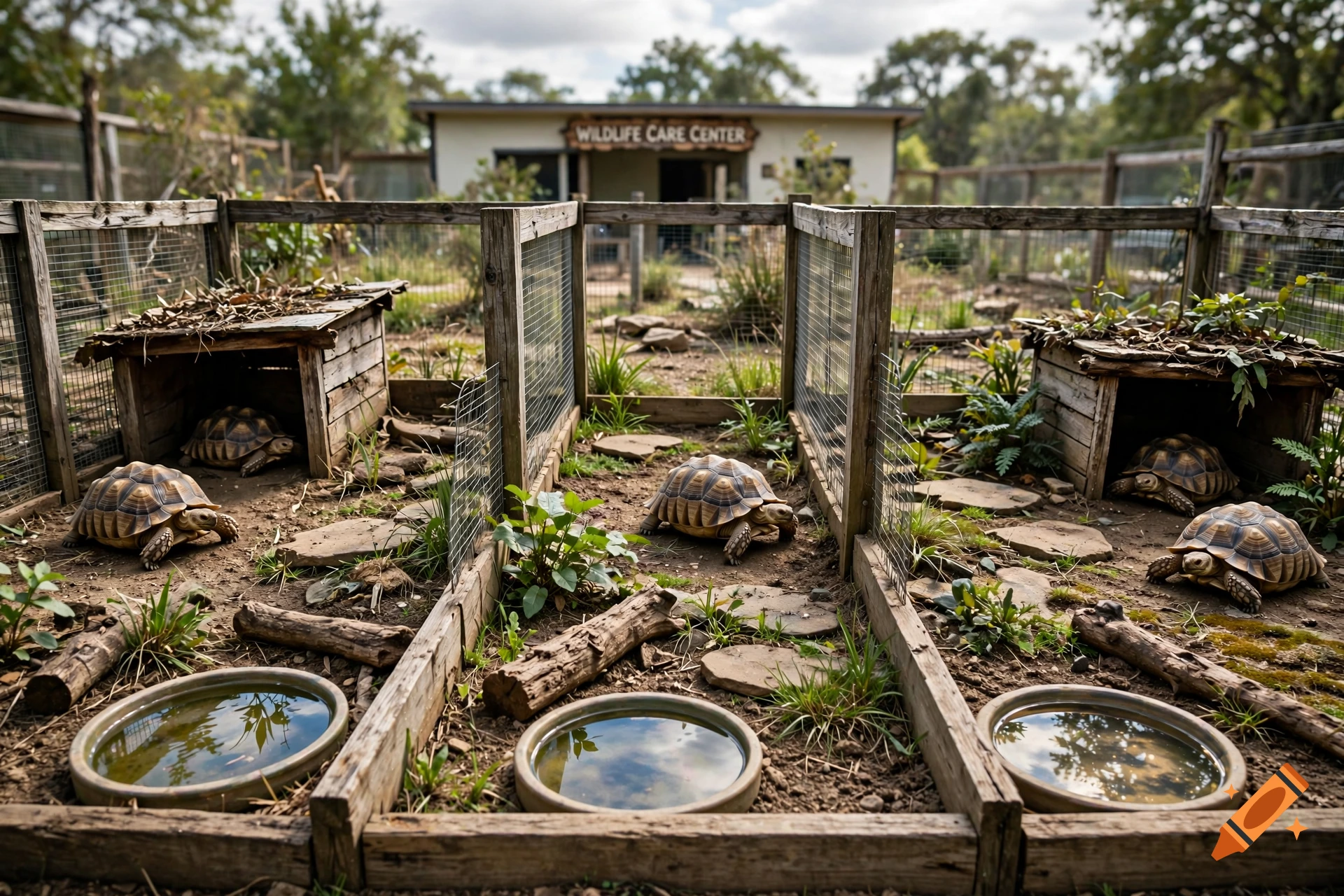Photorealistic image of several tortoises in wooden enclosures at a wildlife care center.