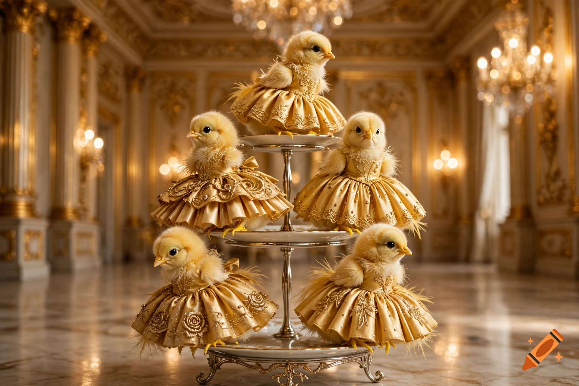 Five fluffy yellow chicks wearing ornate gold ball gowns, posed on a tiered serving stand in a luxurious golden ballroom.