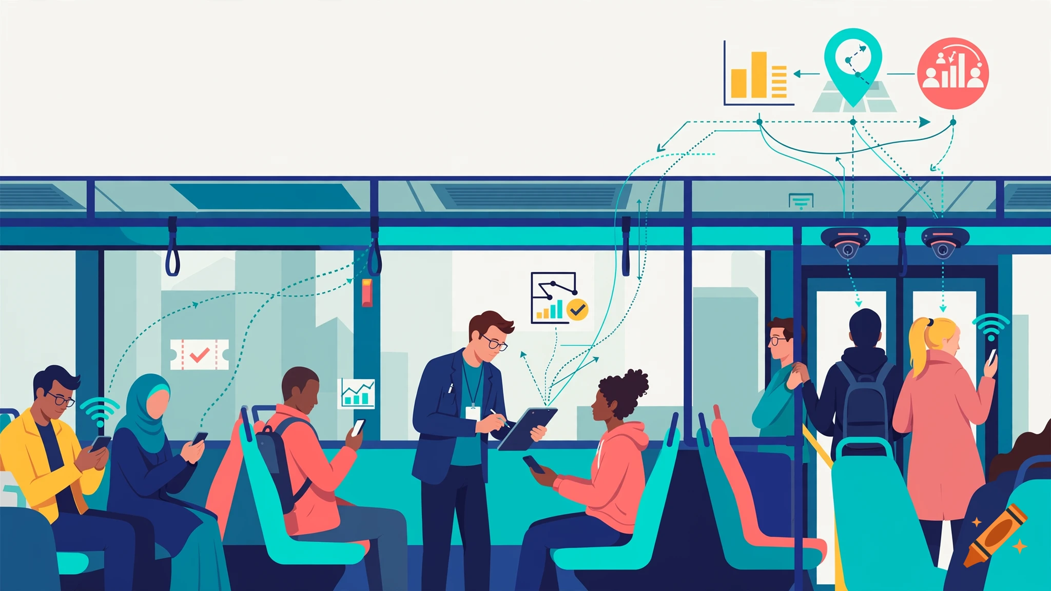 Flat vector illustration of passengers on a modern public transport bus interacting with smartphones and data streams.