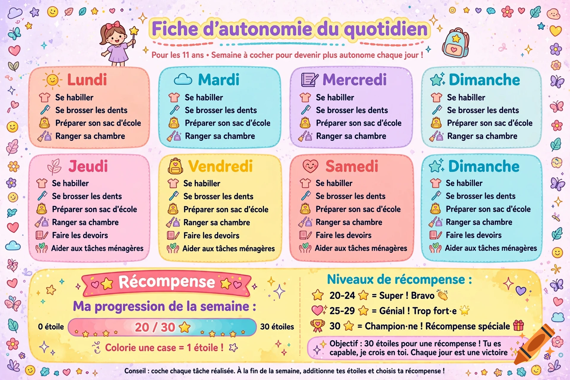 Colorful and cute daily autonomy chart for children with reward tracker in French, vector style illustration.