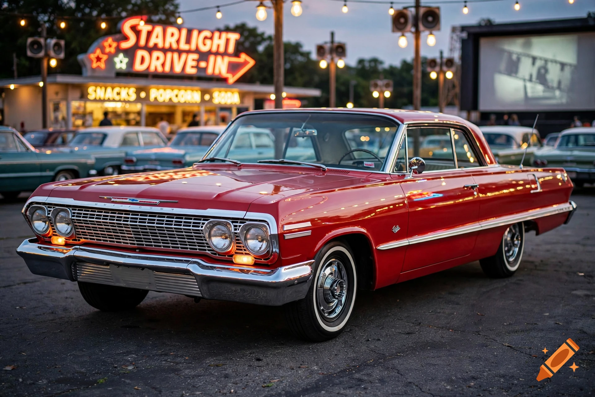 A shiny red 1963 Chevy Impala parked at a Starlight Drive-In theater at dusk, with other classic cars and a neon sign in the background.