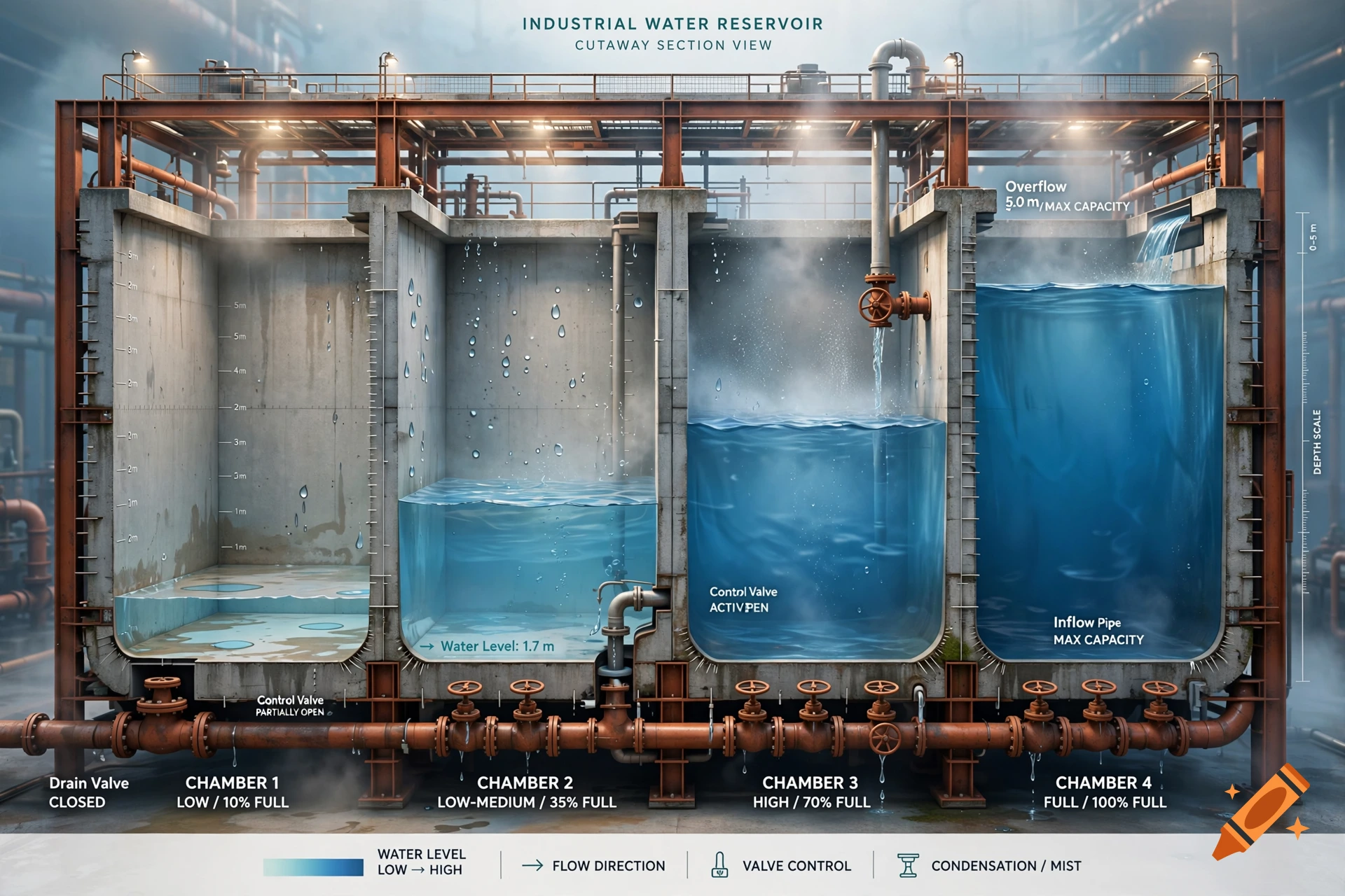 An educational cutaway diagram of an industrial water reservoir featuring four chambers with varying water levels and valves.