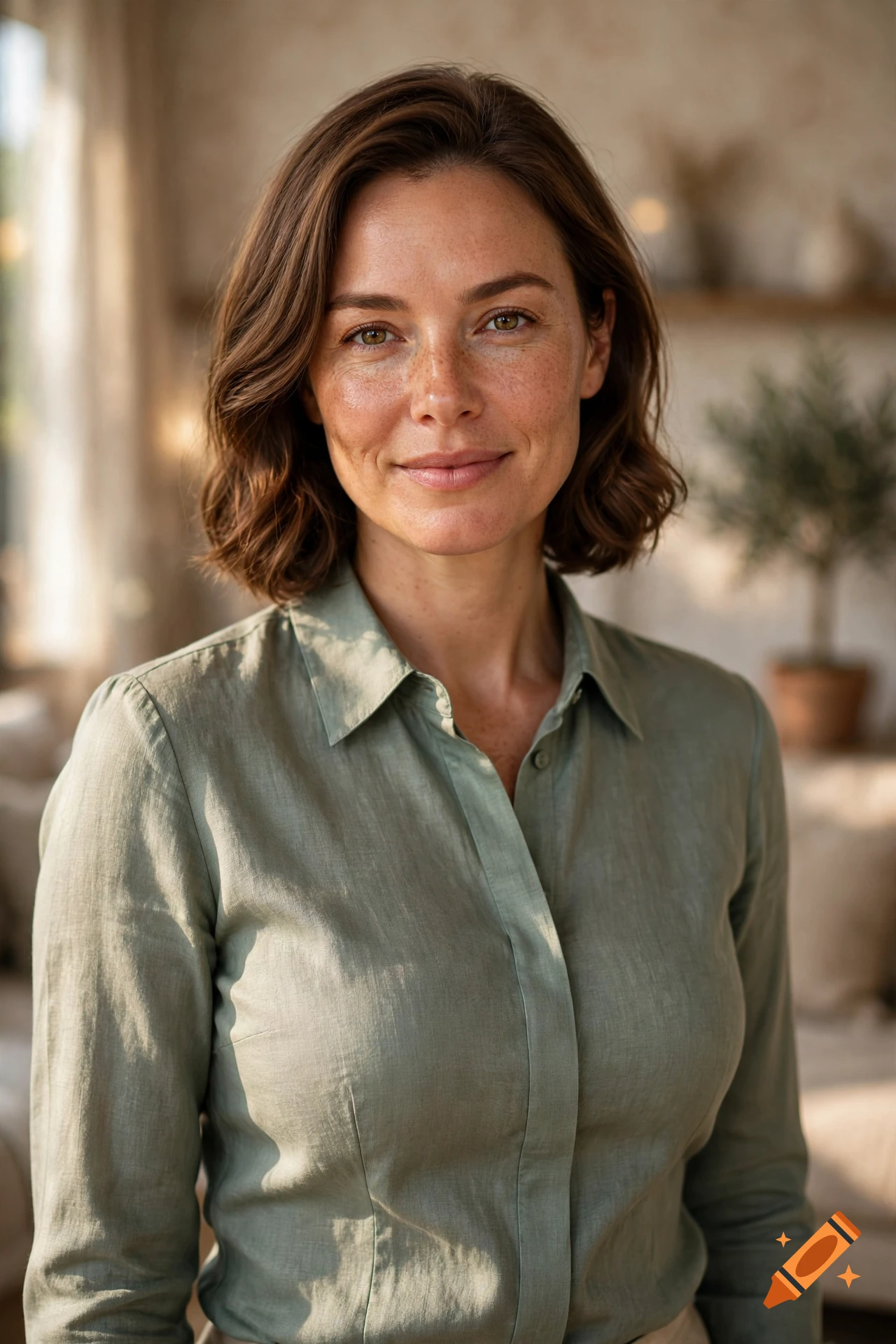 Photorealistic portrait of a smiling woman with brown hair and freckles wearing a green linen shirt in a sunlit room.