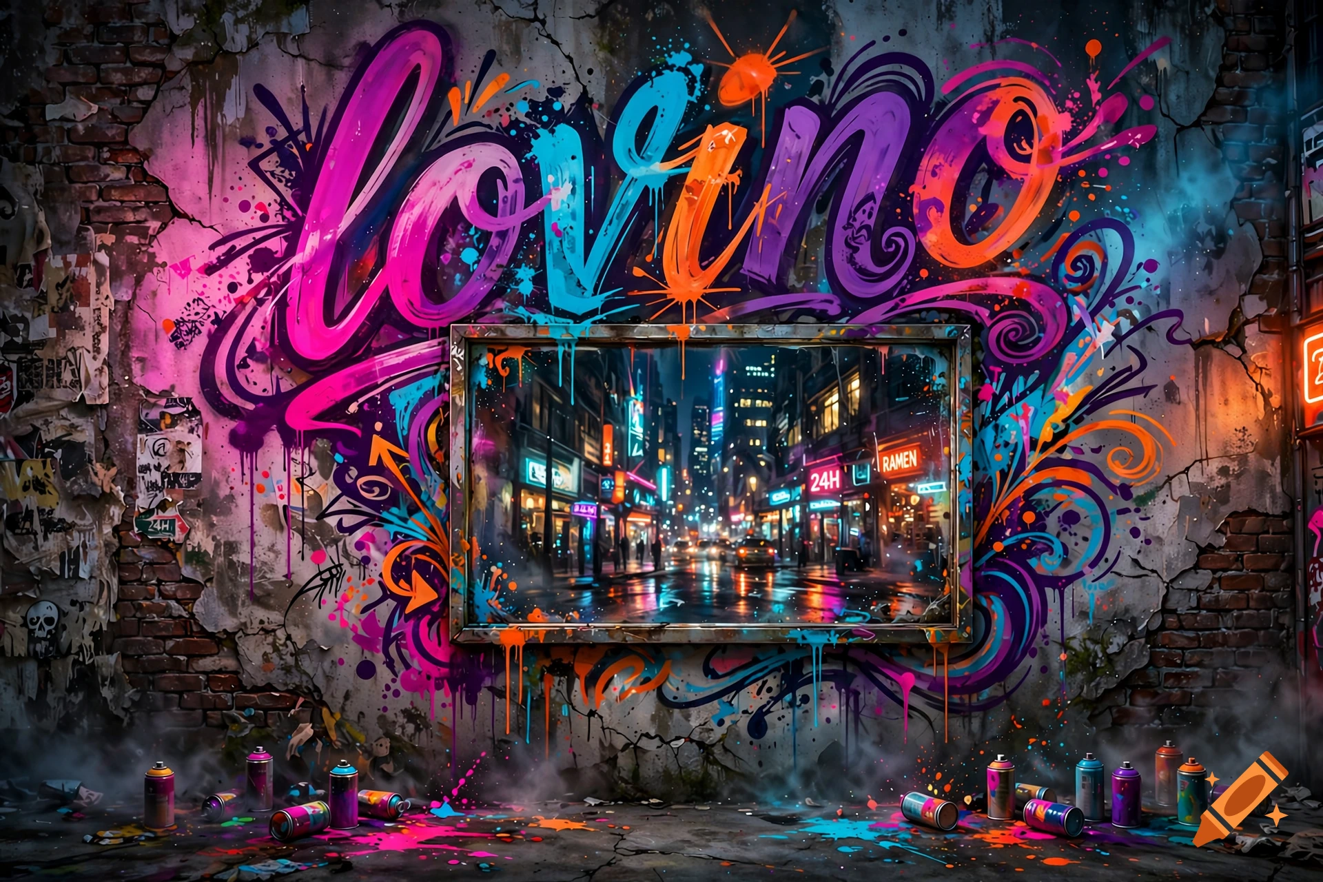 Colorful graffiti art on a brick wall with the word lovino and a built-in window showing a city street at night.