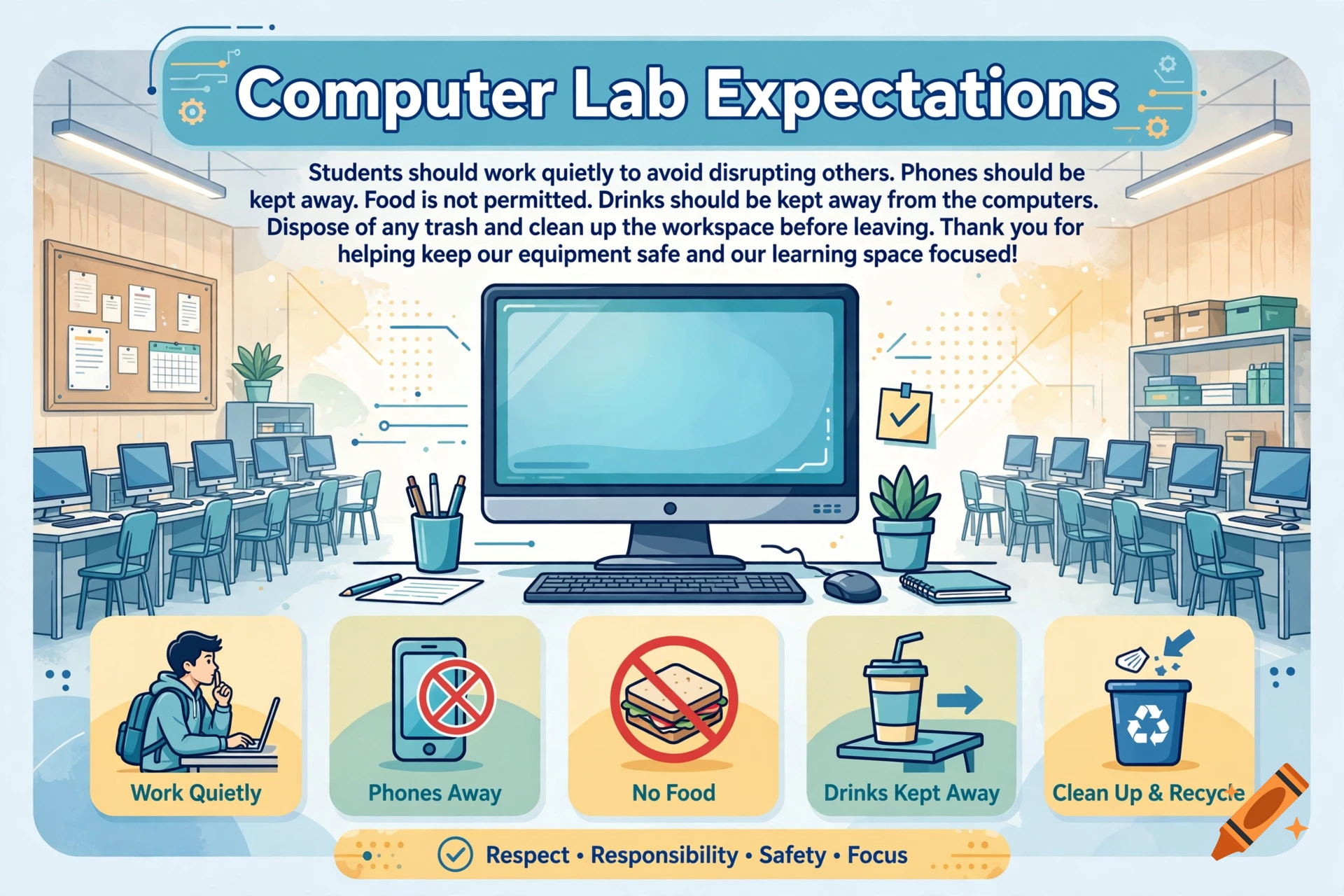 Classroom poster titled Computer Lab Expectations with colorful icons and rules, digital illustration style.