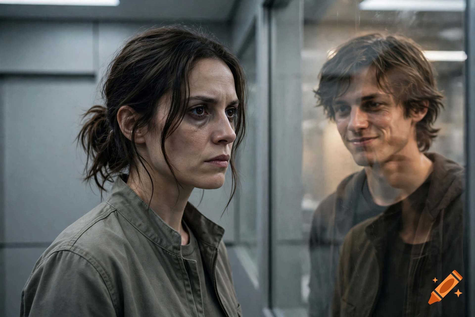 Photorealistic portrait of a tired woman looking away while a smiling man's reflection is visible in a glass partition.