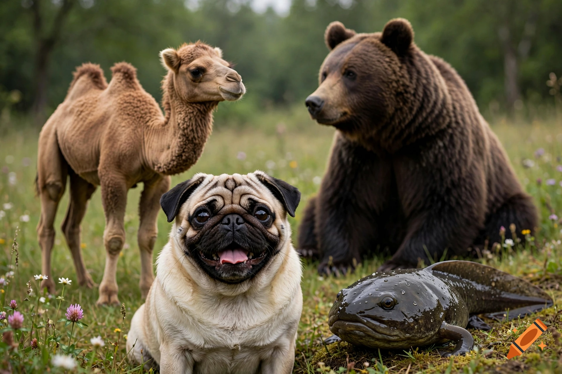 Photorealistic image of a small camel, a pug, a brown bear, and a giant tadpole together in a grassy field.