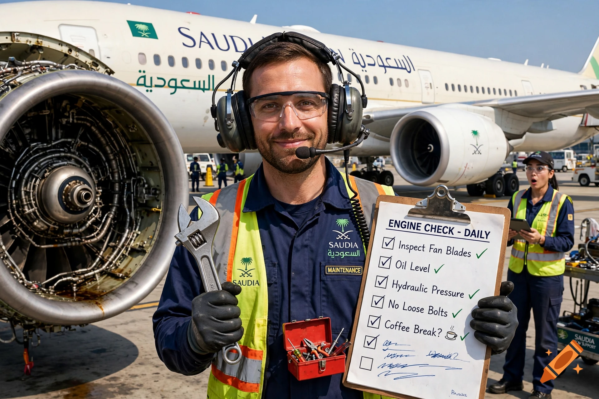 Photorealistic image of an aircraft mechanic smiling, holding a large wrench and a clipboard with a funny checklist, standing in front of a Saudia Airlines plane.