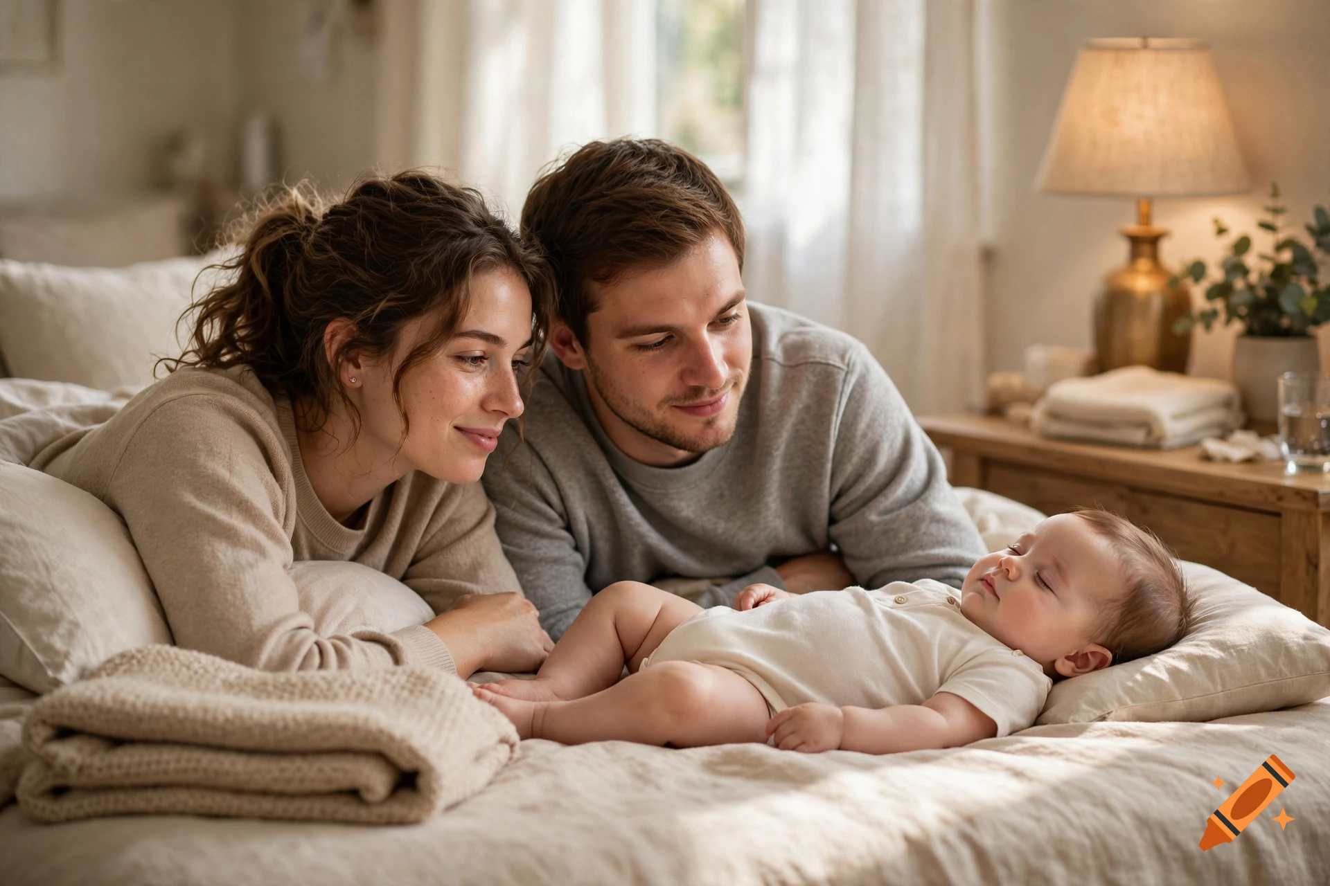 Young parents smiling down at their sleeping baby on a bed in a cozy, softly lit room.