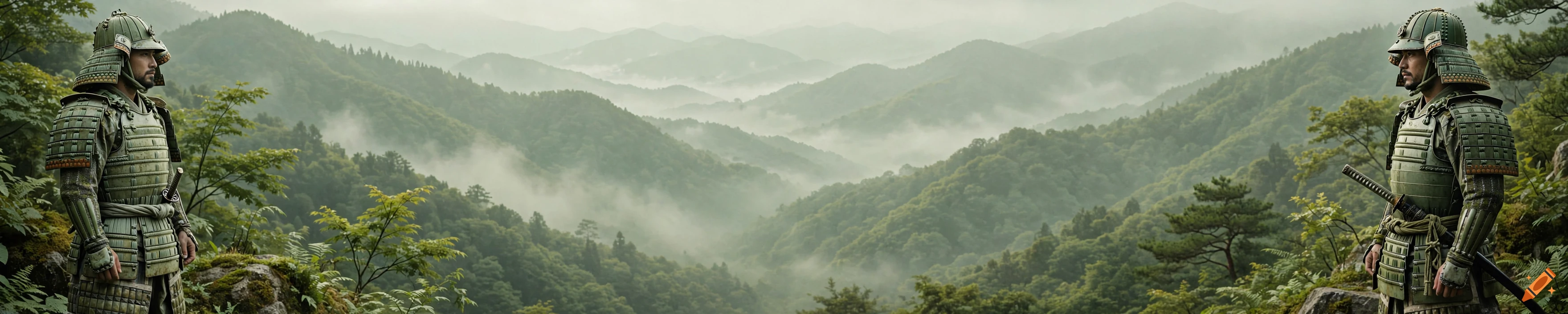 Panoramic view of a misty Japanese mountain landscape with two samurai in traditional green yoroi armor on the left and right.
