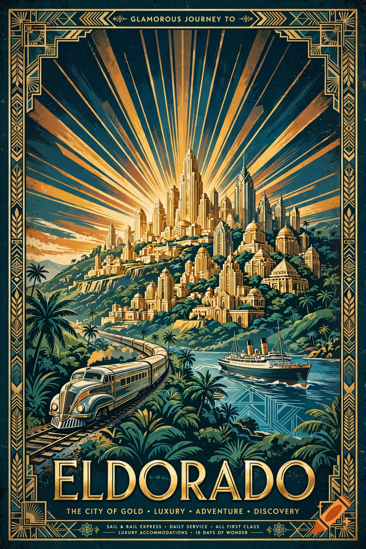 Vintage Art Deco travel poster promoting Eldorado, featuring a golden city, a train, and a steamship.