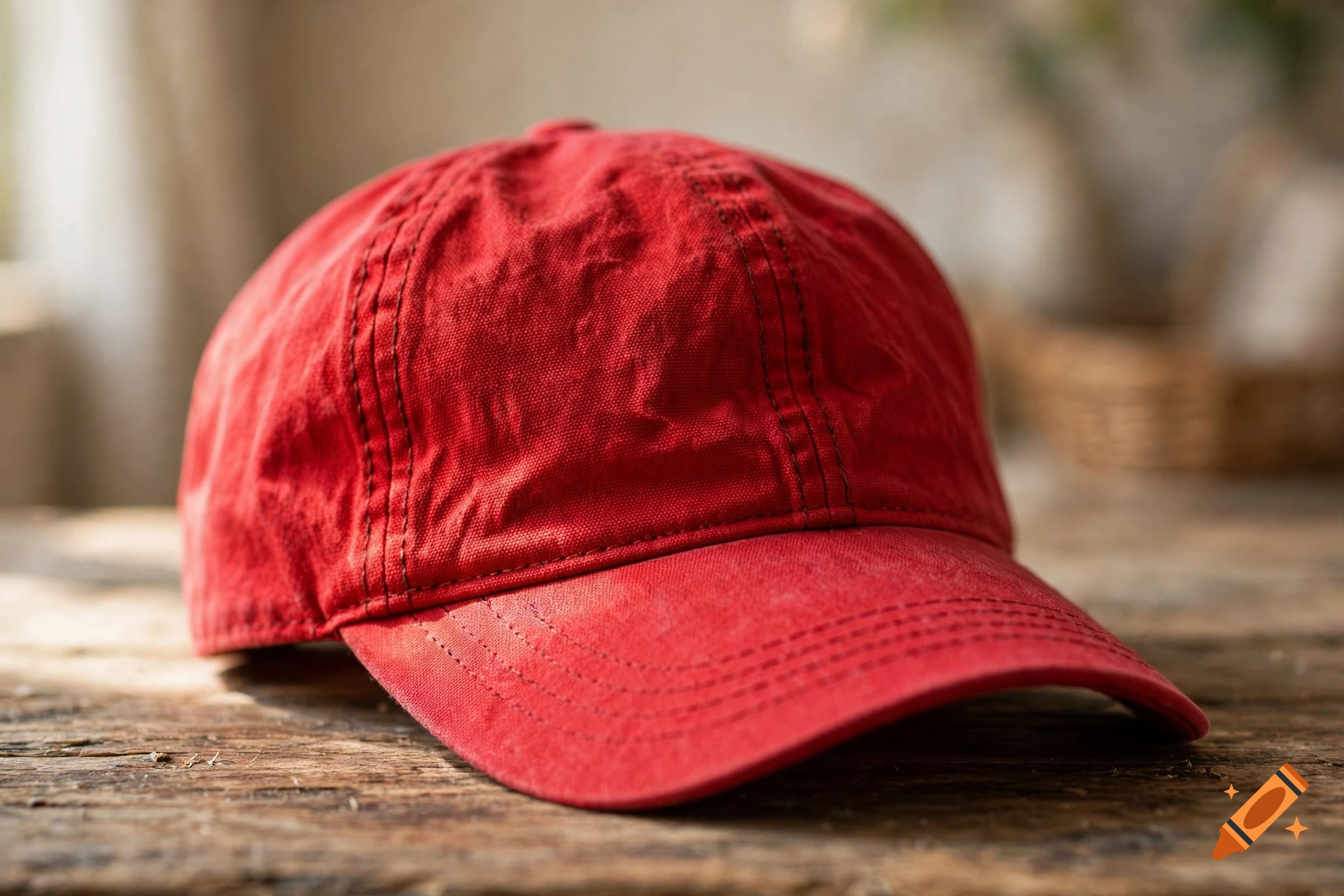 Close-up photorealistic shot of a red baseball cap resting on a rustic wooden table.