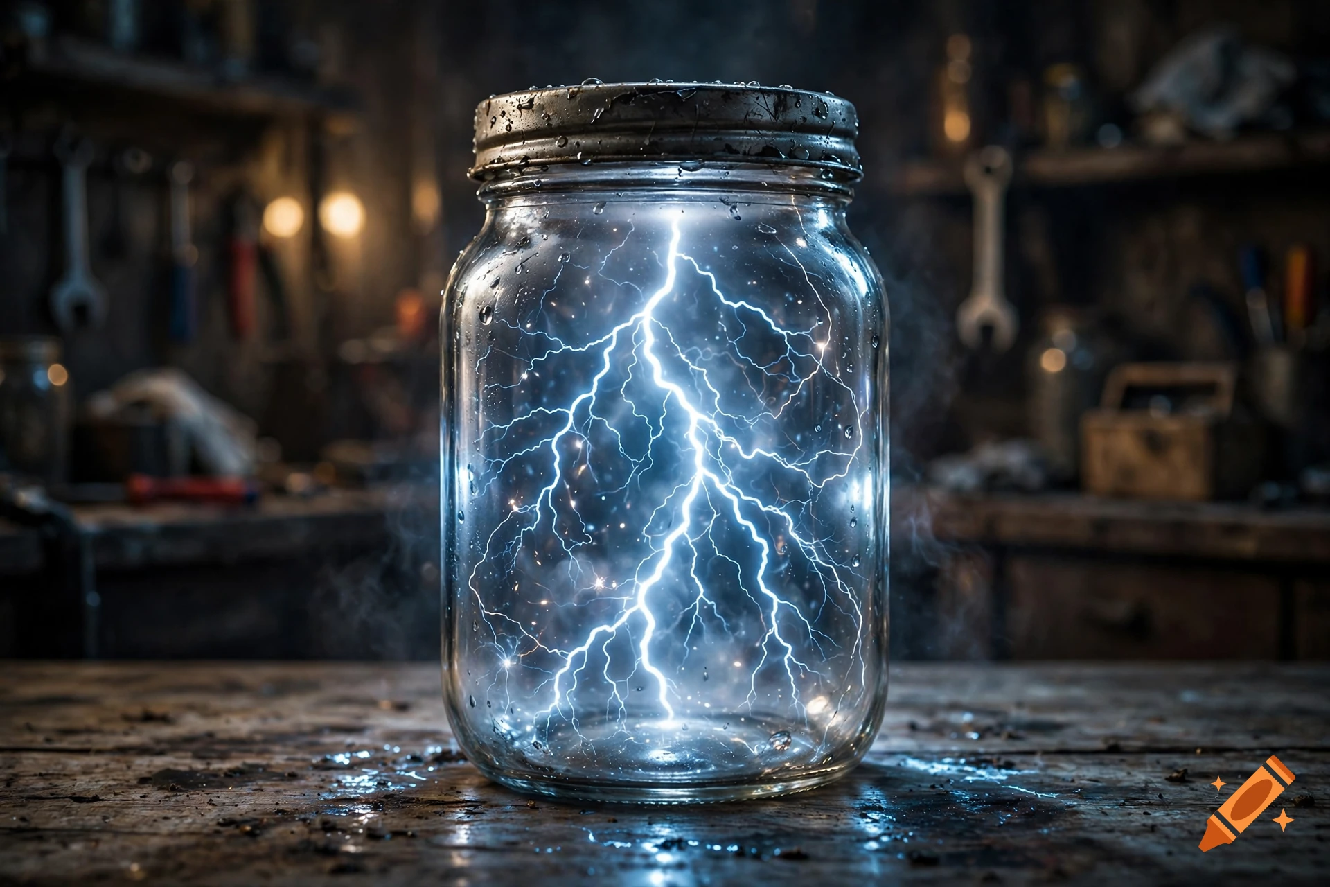 Photorealistic image of a glass jar filled with bright blue lightning on a wooden workbench.