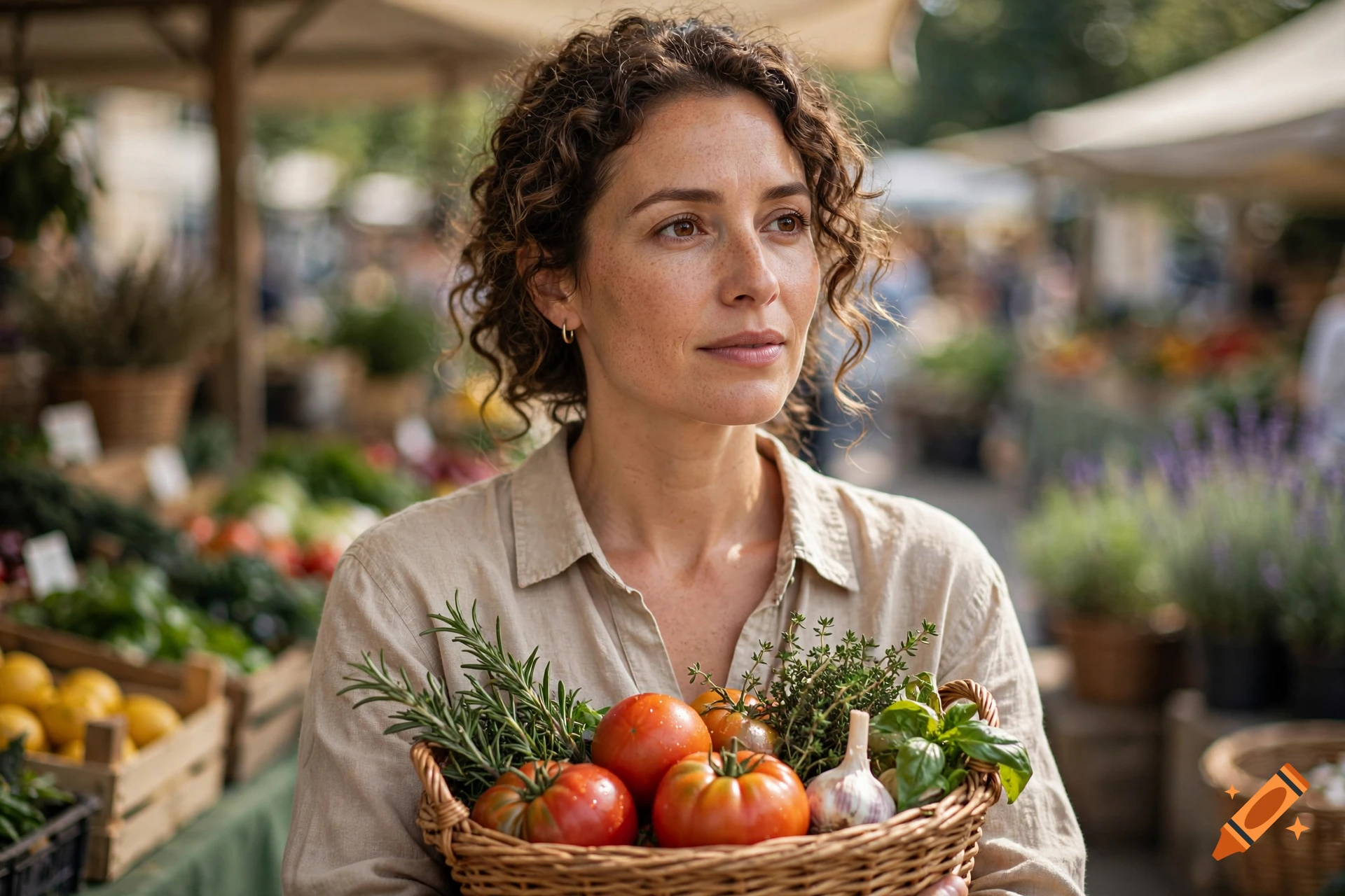 A woman with curly brown hair holding a wicker basket filled with fresh tomatoes, garlic, and herbs at an outdoor market.
