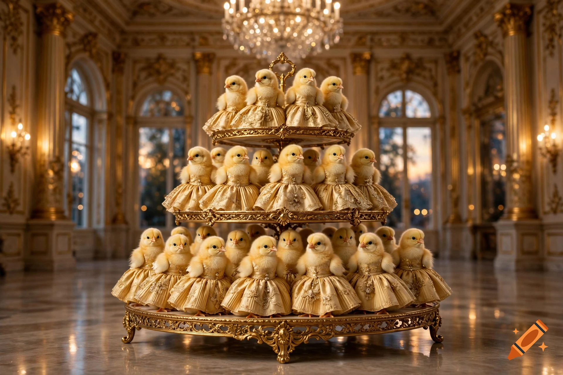 Many small yellow chicks wearing ornate golden ball gowns, arranged on a tiered serving stand inside a lavish golden ballroom.