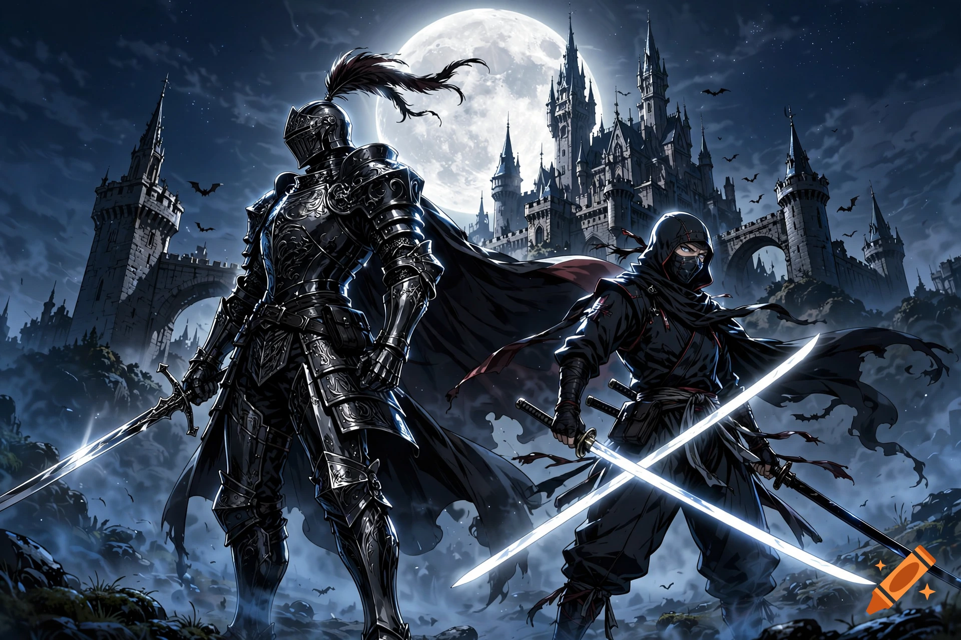Digital illustration of a black-armored knight and a ninja standing before a castle under a full moon.