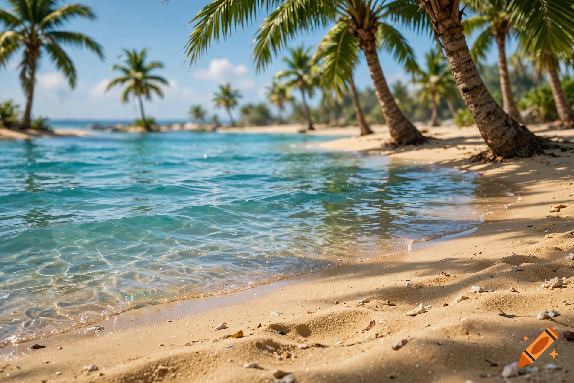Photorealistic tropical beach with clear turquoise water, white sand, and palm trees under a blue sky.